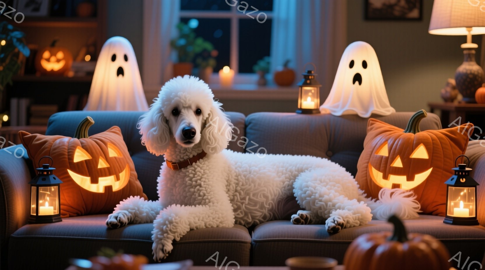 白いプードルが、ハロウィーンの装飾が施されたソファにゆったりと横たわっています。両脇には光るジャック・オ・ランタンのクッションがあり、背後には幽霊の飾りとランタンが並んでいます。全体的に、温かく、お祝 - AI生成フリー素材