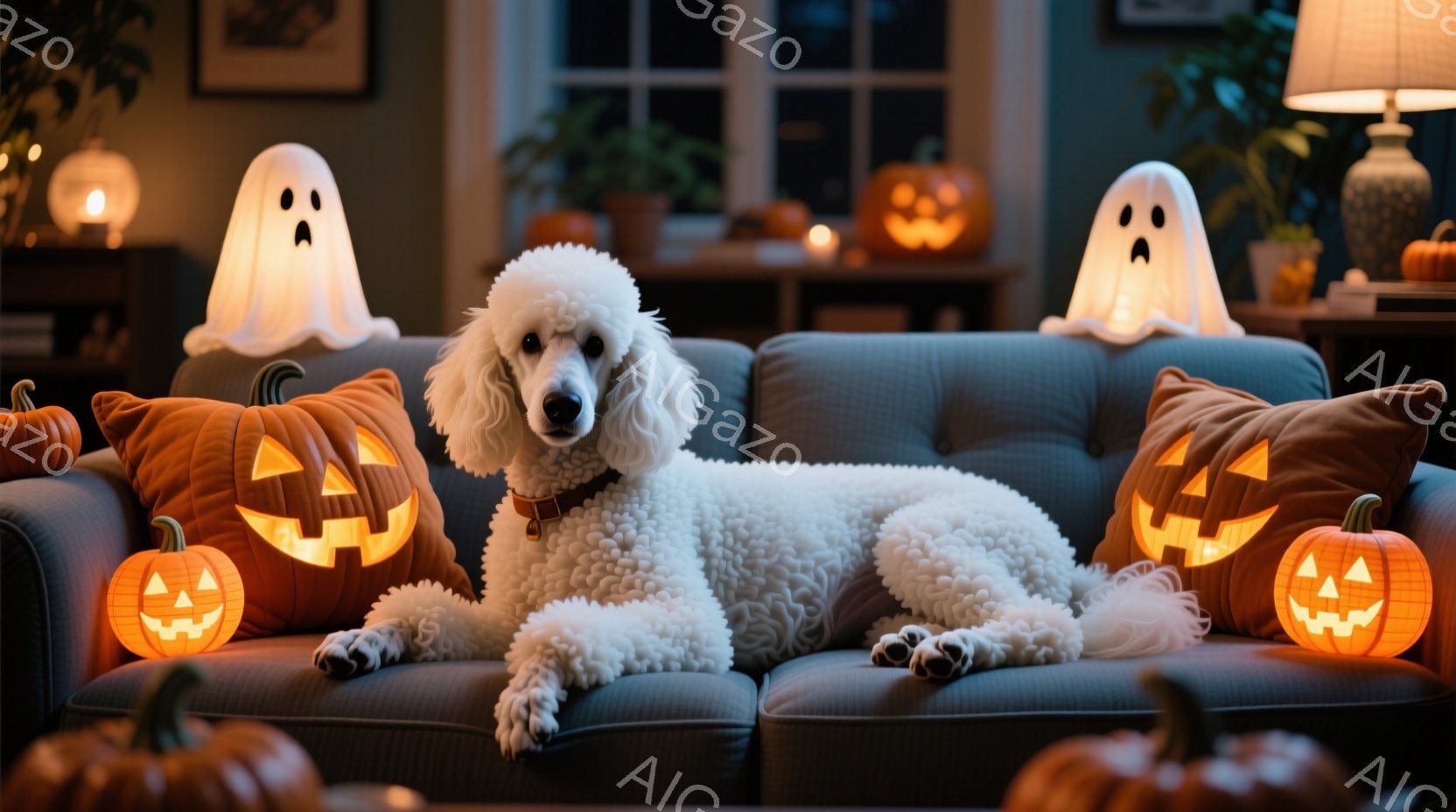 白いスタンダードプードルが、ハロウィーンの装飾が施されたリビングルームのソファに横たわっています。オレンジ色のジャック・オー・ランタン柄のクッションと、白いお化けの置物が周囲に配置され、温かく幻想的な - AI生成フリー素材