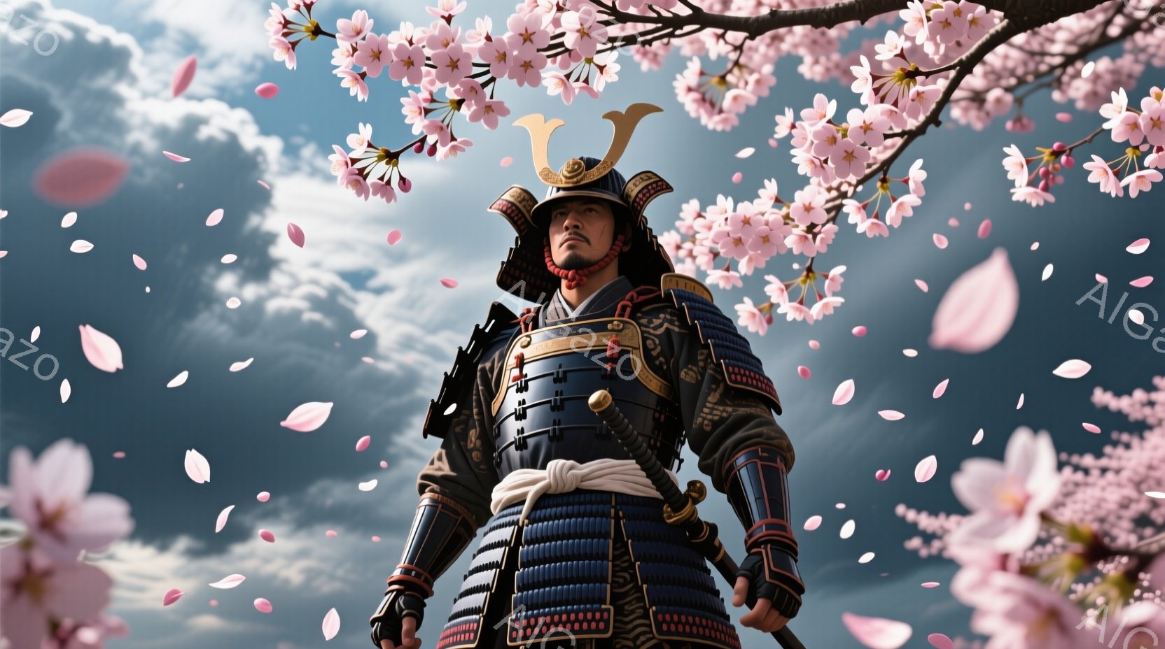 紺色の胴鎧を身につけた武者が、桜の花びらが舞う中で見上げている。兜は黒色で、金色の角飾りと面頬が特徴的で、鋭い眼光で遠くを見つめている。背景には青空と桜の木があり、武者の力強さと春の穏やかさが対照的に - AI生成フリー素材