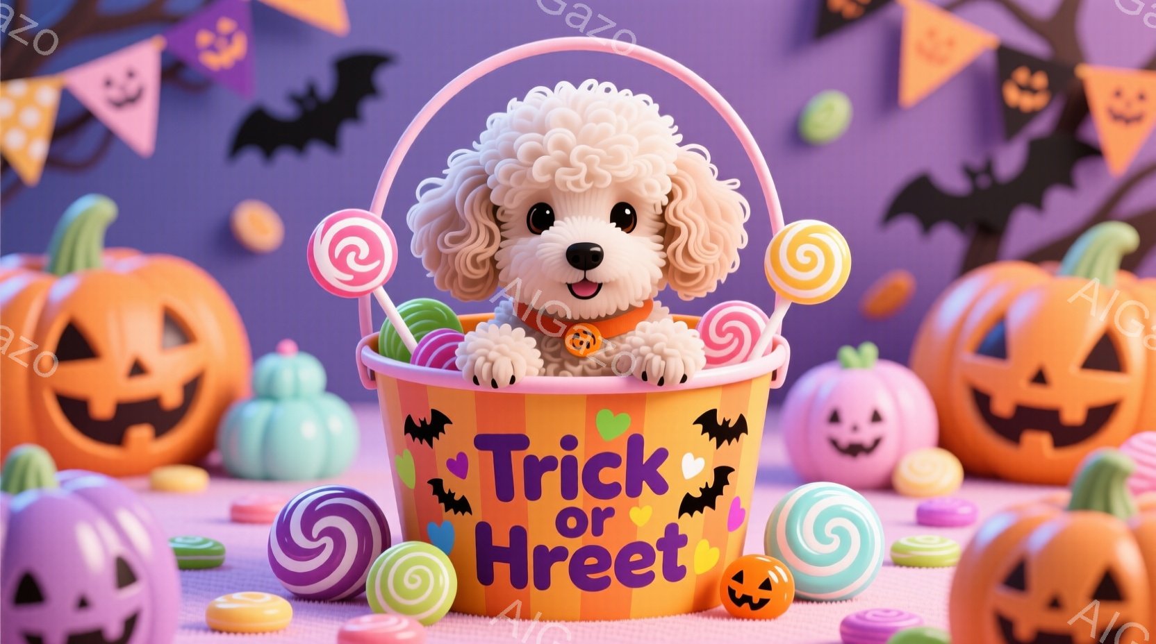 白い巻き毛の犬が、ハロウィーンをテーマにしたバスケットに入って微笑んでいます。バスケットにはキャンディーやカラフルな棒付きキャンディーが溢れており、背景には様々な表情をしたジャック・オ・ランタンと、コ - AI生成フリー素材