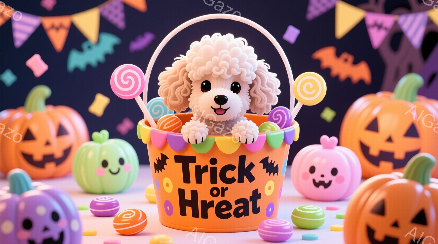 明るいハロウィーンの背景に、小さくて白い巻き毛の犬がオレンジ色のカボチャの形をしたバスケットに座っています。バスケットにはカラフルなキャンディーが溢れており、背景には様々な表情の可愛らしいカボチャが配置されています。全体的に、陽気で遊び心のある、ハロウィーンの楽しい雰囲気が漂っています。