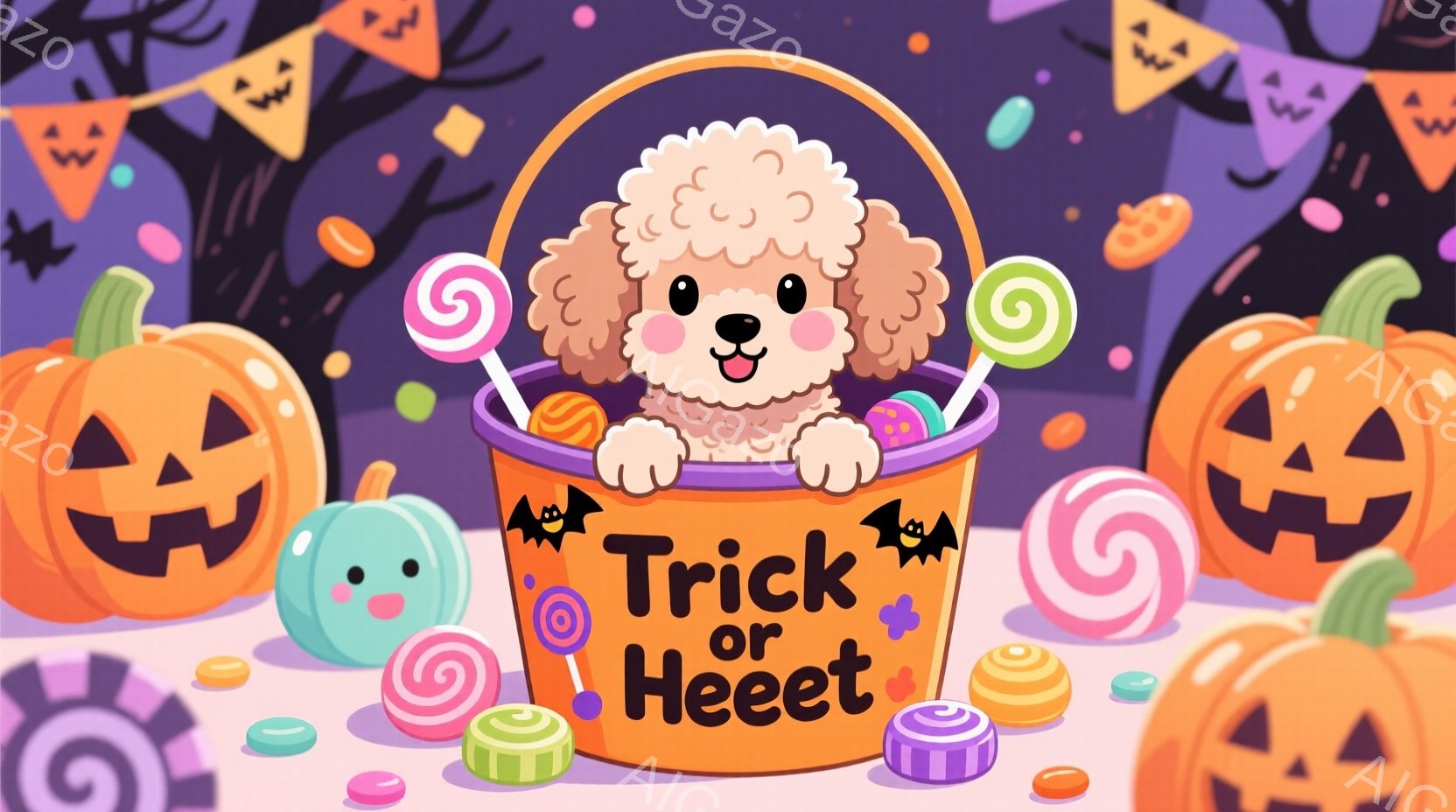 オレンジ色のバケツの中に、ふわふわの白い子犬が座っています。子犬は口を開けて嬉しそうに笑っており、周りにはキャンディやチョコレートなどのお菓子が散りばめられています。背景には、ハロウィーンの装飾である - AI生成フリー素材