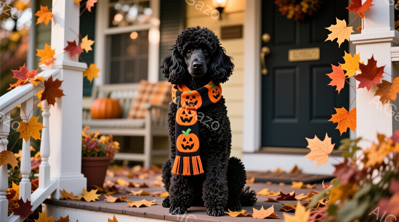 黒い巻き毛のプードルが、ハロウィーンをテーマにしたオレンジと黒のジャック・オ・ランタン柄のセーターを着て、家の外階段に座っています。背景には、かぼちゃと秋の葉で飾られた玄関があり、暖かい秋の雰囲気を感じさせます。葉が舞う階段と、プードルの穏やかな表情が、季節の安らぎを強調しています。