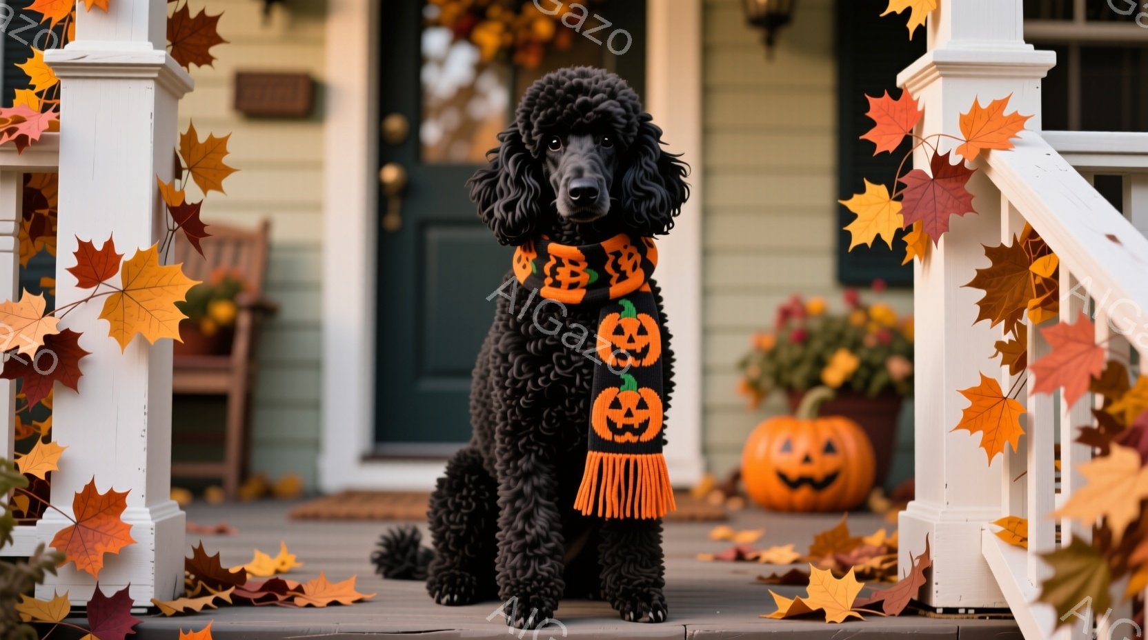 黒い巻き毛のスタンダードプードルが、ハロウィーンをテーマにしたオレンジと黒のストライプのショールを首に巻いて、ベランダの階段に座っています。背景には、ハロウィーンの飾り付けられた玄関と、落ち葉が散らばった秋の庭が見えます。全体的に、暖かく、秋らしい、お祝いの雰囲気です。