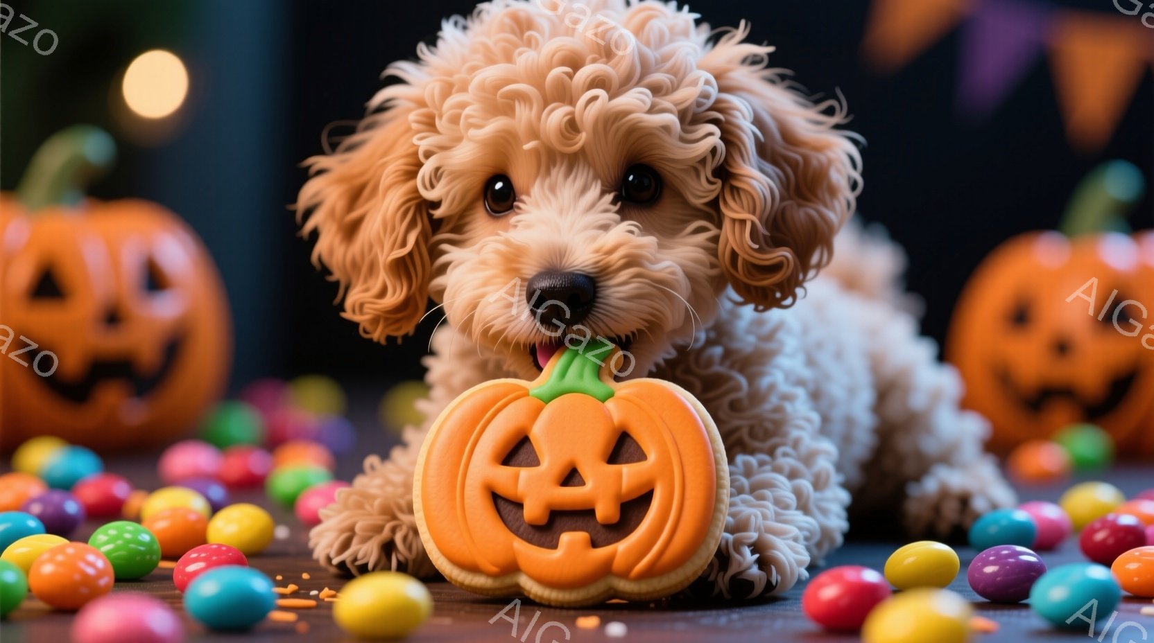 ふわふわのクリーム色の巻き毛を持つ子犬が、ハロウィーンのパンプキン型のクッキーを口にくわえています。周囲にはカラフルなキャンディーが散らばり、背景にはハロウィーンの飾り付けられたカボチャがぼんやりと見 - AI生成フリー素材