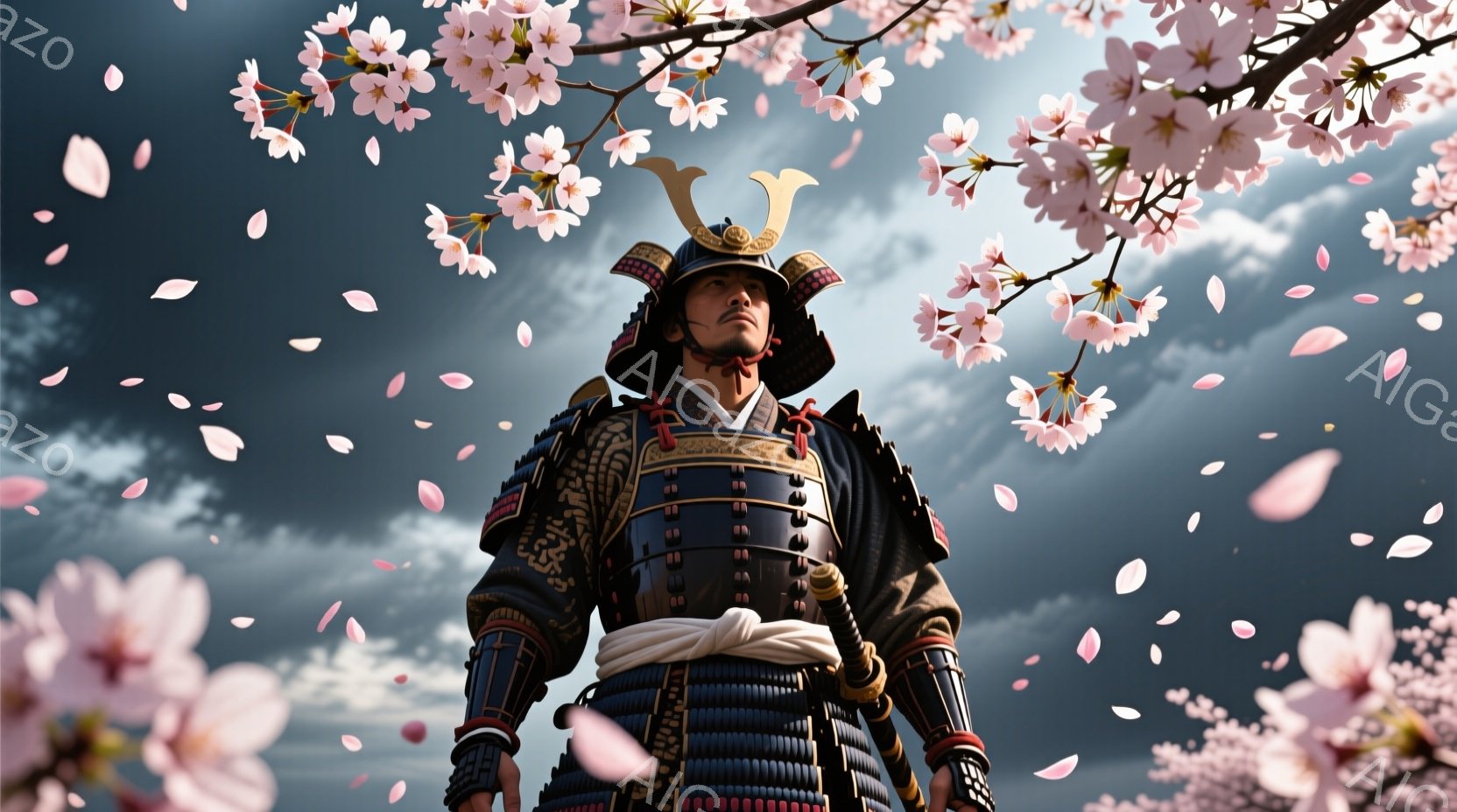 鎧兜を身につけた武士が、桜吹雪の中に立っている。兜は黒色で、金色の角飾りと前立が特徴的で、表情は凛々しく、視線は遠くを見つめている。背景には桜の木々と曇り空が広がり、武士の威厳と儚さを際立たせている。
