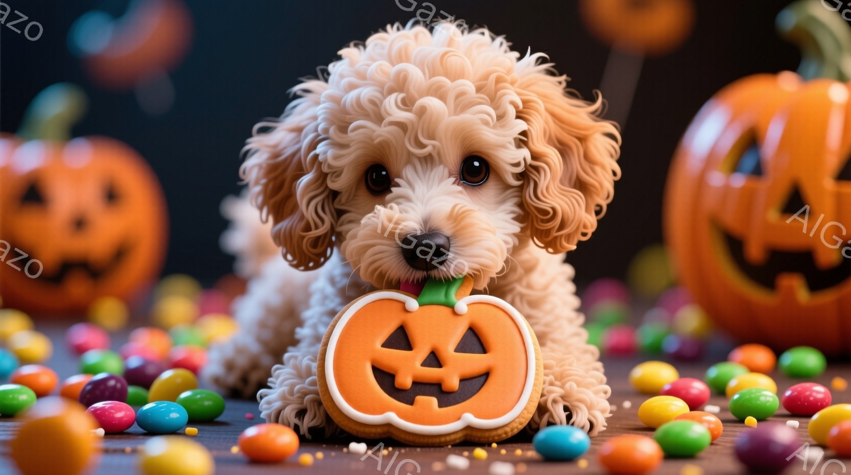 ふわふわのクリーム色の巻き毛を持つ子犬が、ハロウィーンのクッキーをくわえています。背景にはカラフルなキャンディーが散らばり、大きなジャック・オ・ランタンがぼんやりと見えます。全体的に暖かく、お祝いムードにあふれた写真です。