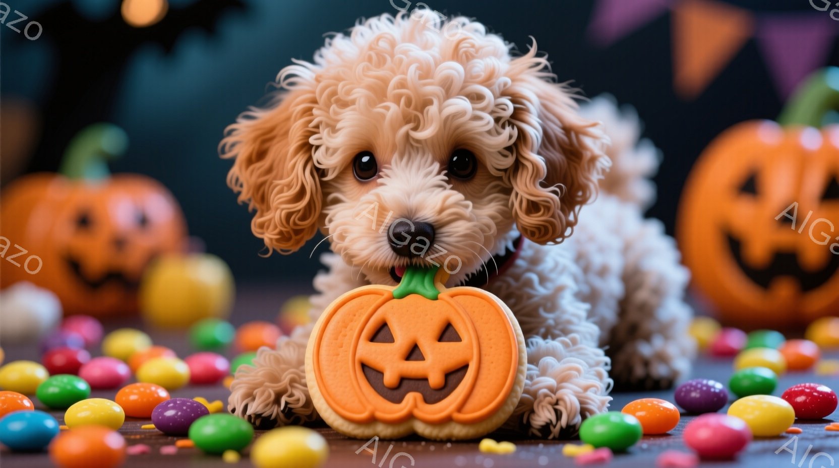ふわふわのクリーム色の巻き毛を持つ子犬が、ハロウィーンのクッキー（カボチャ型で顔が描かれている）を口にくわえています。周囲にはカラフルなキャンディーが散らばり、背景にはハロウィーンの飾り付けやカボチャ - AI生成フリー素材