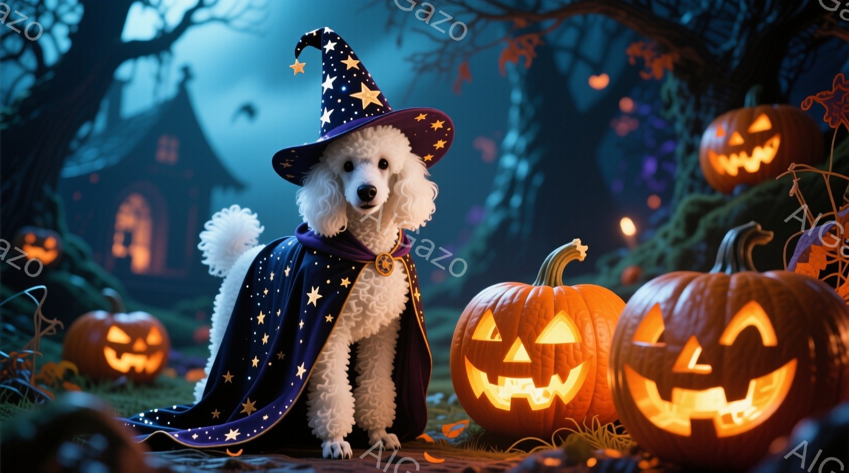 白い巻き毛の犬が、星が散りばめられた黒い魔法使いの衣装と帽子を身につけて座っています。背景には、不気味な光を放つジャック・オー・ランタンが並び、遠くにはシルエットの建物が見えます。全体的にハロウィーン - AI生成フリー素材