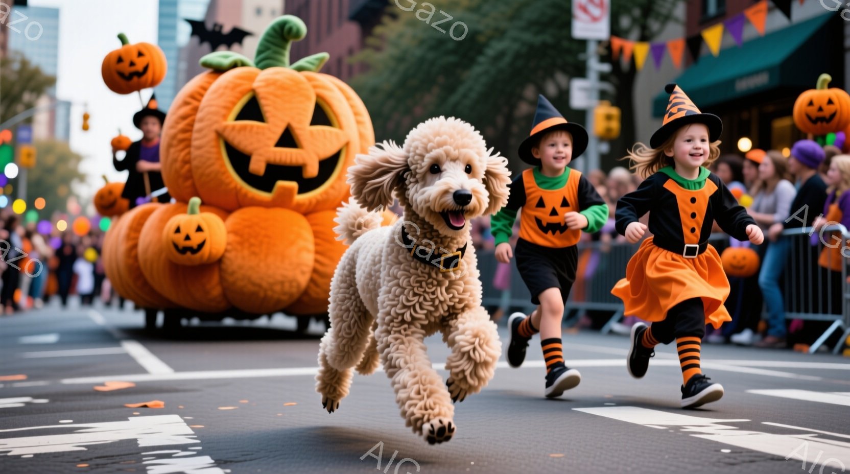 ハロウィーンのパレードの一コマで、茶色の巻き毛の犬が興奮して走り、オレンジ色の魔女の衣装を着た幼い女の子も一緒に走っている。背景には大きなカボチャのフロートや、他の仮装した人々が見え、晴天の下、賑やか - AI生成フリー素材