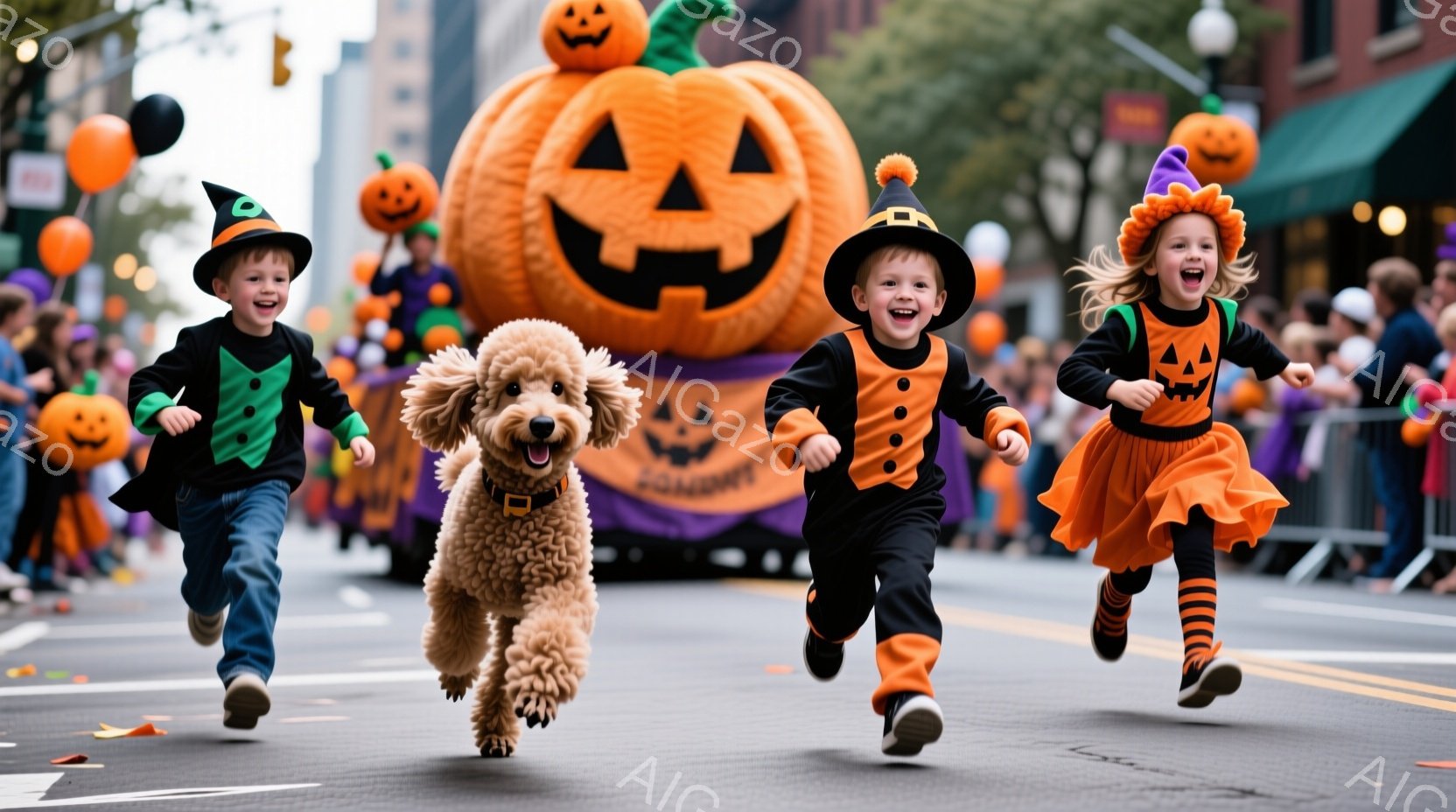 ハロウィーンのパレードで、二人の子供と一匹の犬が走り去っている。一人は黒い衣装に緑のアクセント、帽子を被り、もう一人はオレンジと黒のハロウィーンのドレスを着ており、両者とも笑顔で楽しんでいる。背景には、大きなカボチャのフロート、観客、そして建物の見える賑やかな街並みが広がっている。