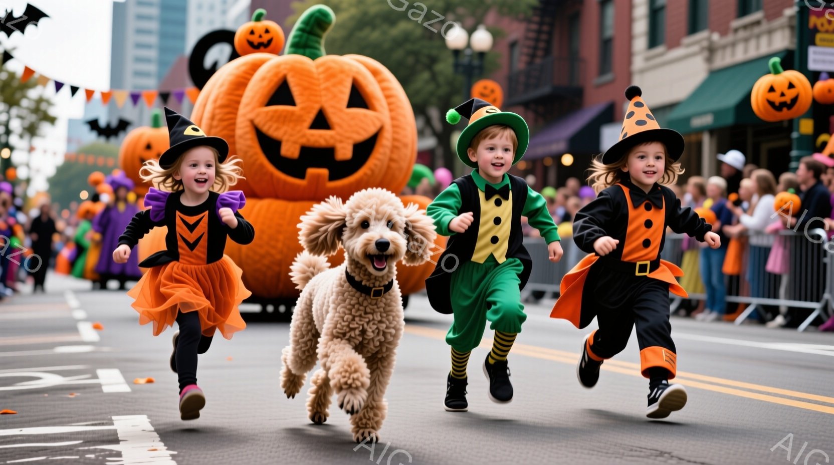 ハロウィーンのパレードで、オレンジ色のドレスを着た女の子、緑色のスーツを着た男の子、そして黒い衣装を着た女の子が走っている様子が写っている。背景には、巨大なジャック・オー・ランタンのフロートや、他の仮 - AI生成フリー素材