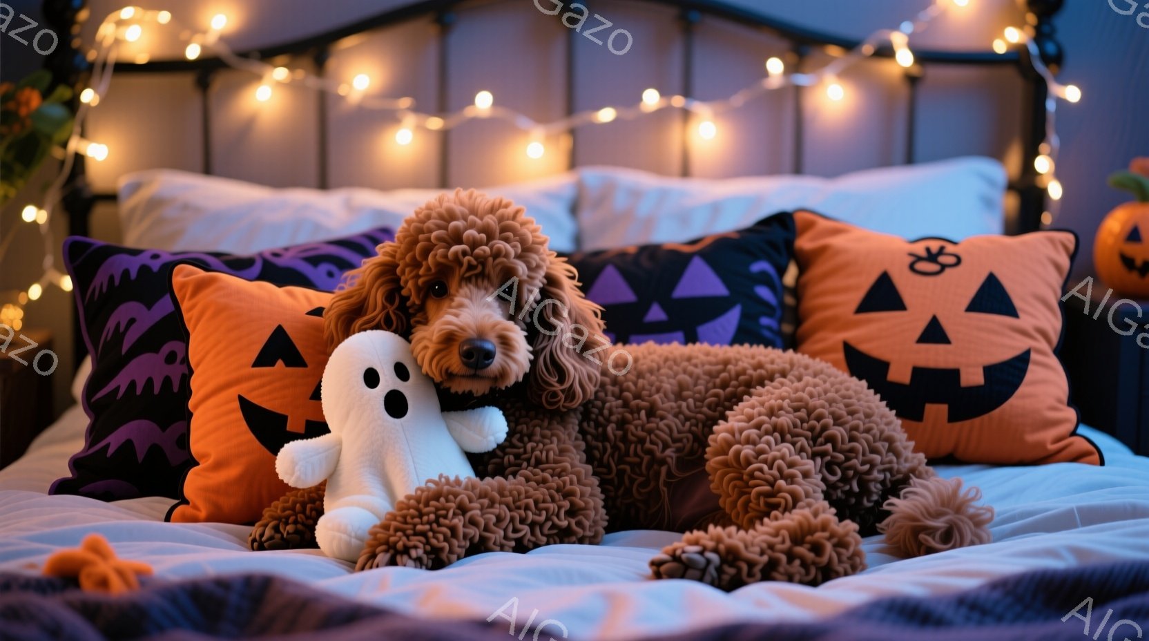 明るい寝室のベッドに、ふわふわの茶色の巻き毛の犬が横たわっています。犬は白いお化けのぬいぐるみを抱きしめ、ハロウィーンをテーマにしたクッションに囲まれています。ベッドの背景には、ハロウィーンの装飾が施 - AI生成フリー素材