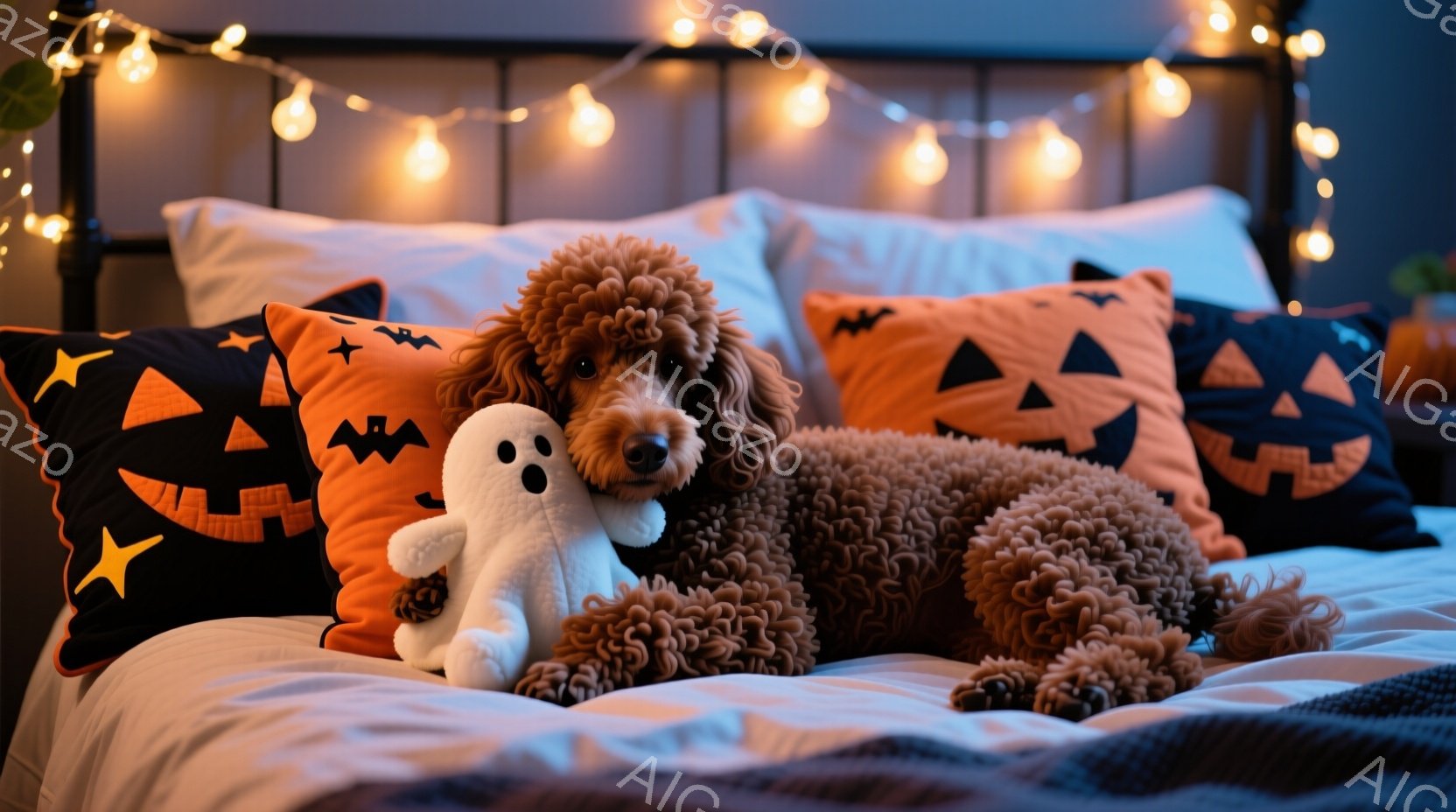 明るいオレンジと黒のハロウィン柄クッションに囲まれ、ふわふわの茶色の巻き毛を持つプードルがベッドに横たわっています。プードルは白いお化けのぬいぐるみを抱きしめ、リラックスした表情でカメラを見つめていま - AI生成フリー素材