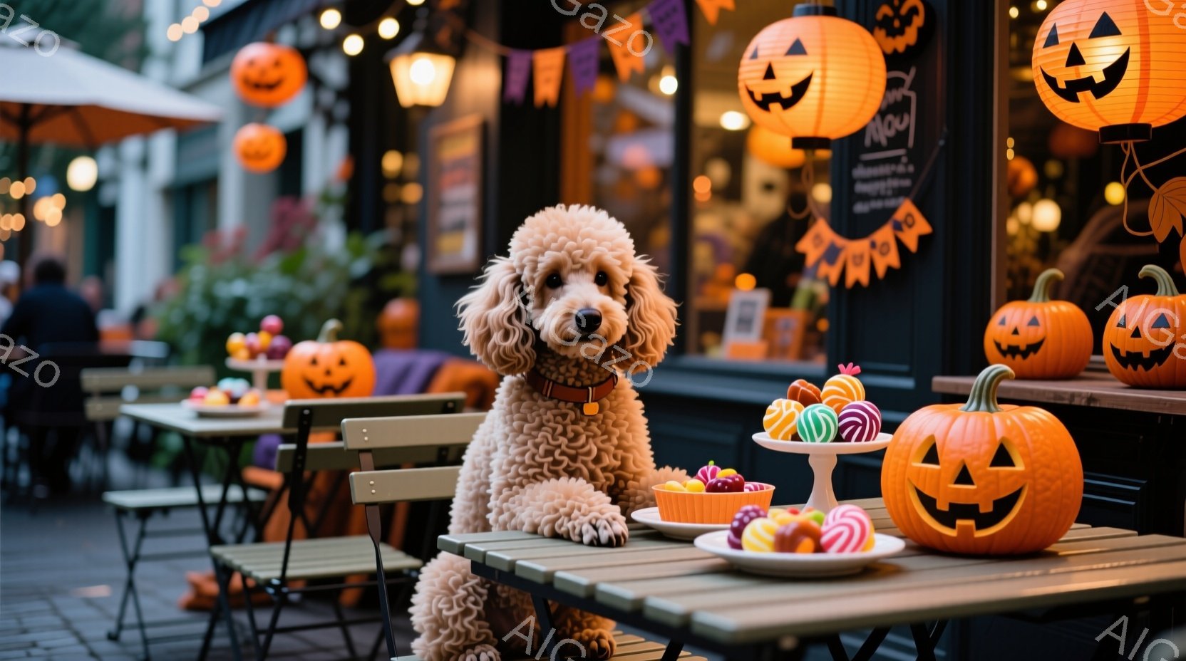 クリーム色の巻き毛のトイプードルが、ハロウィーンの飾り付けがされたカフェの屋外席に座っています。テーブルの上には色とりどりのキャンディーが並べられ、周囲にはジャック・オ・ランタンが置かれ、温かい光が灯っています。背景にはカフェの建物とぼやけた人影が見え、全体的に秋らしい、お祝いムードに包まれた光景です。