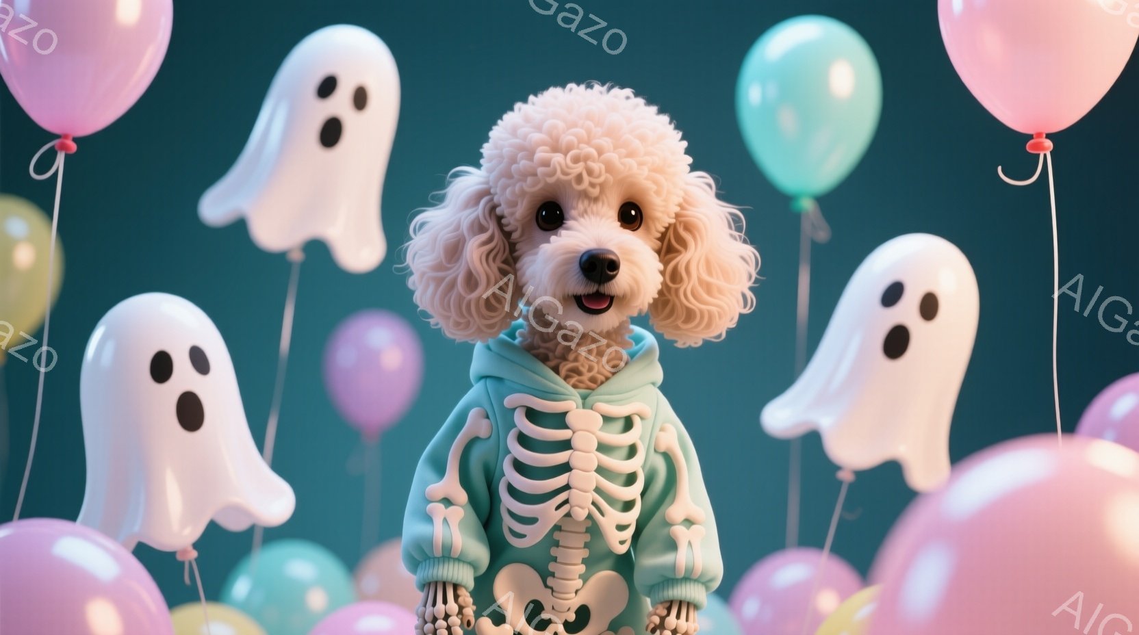 白い巻き毛の犬が、骸骨柄の緑色のパーカーを着ています。犬は正面を見て笑顔で、少し上体を傾けています。背景には、白く愛らしいお化けと、ピンク、水色、薄紫色の風船が浮かんでおり、ハロウィーンのような楽しい - AI生成フリー素材
