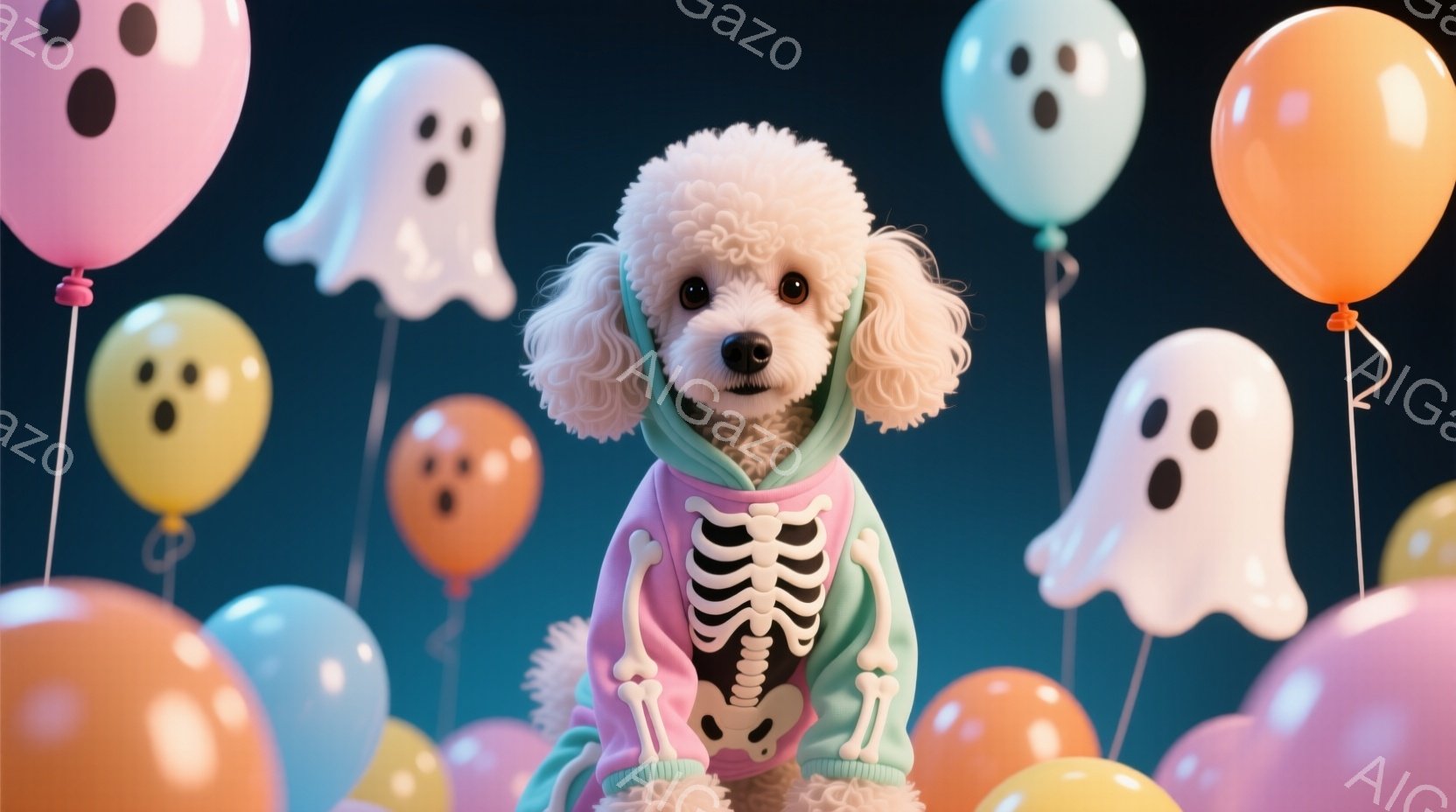 白い巻き毛の小型犬が、緑と白の骸骨柄のセーターを着ています。犬はまっすぐ前を見ており、少し驚いたような表情をしています。背景には、ハロウィーンを連想させるカボチャ色、水色、ピンクの幽霊の形をした風船が散りばめられています。