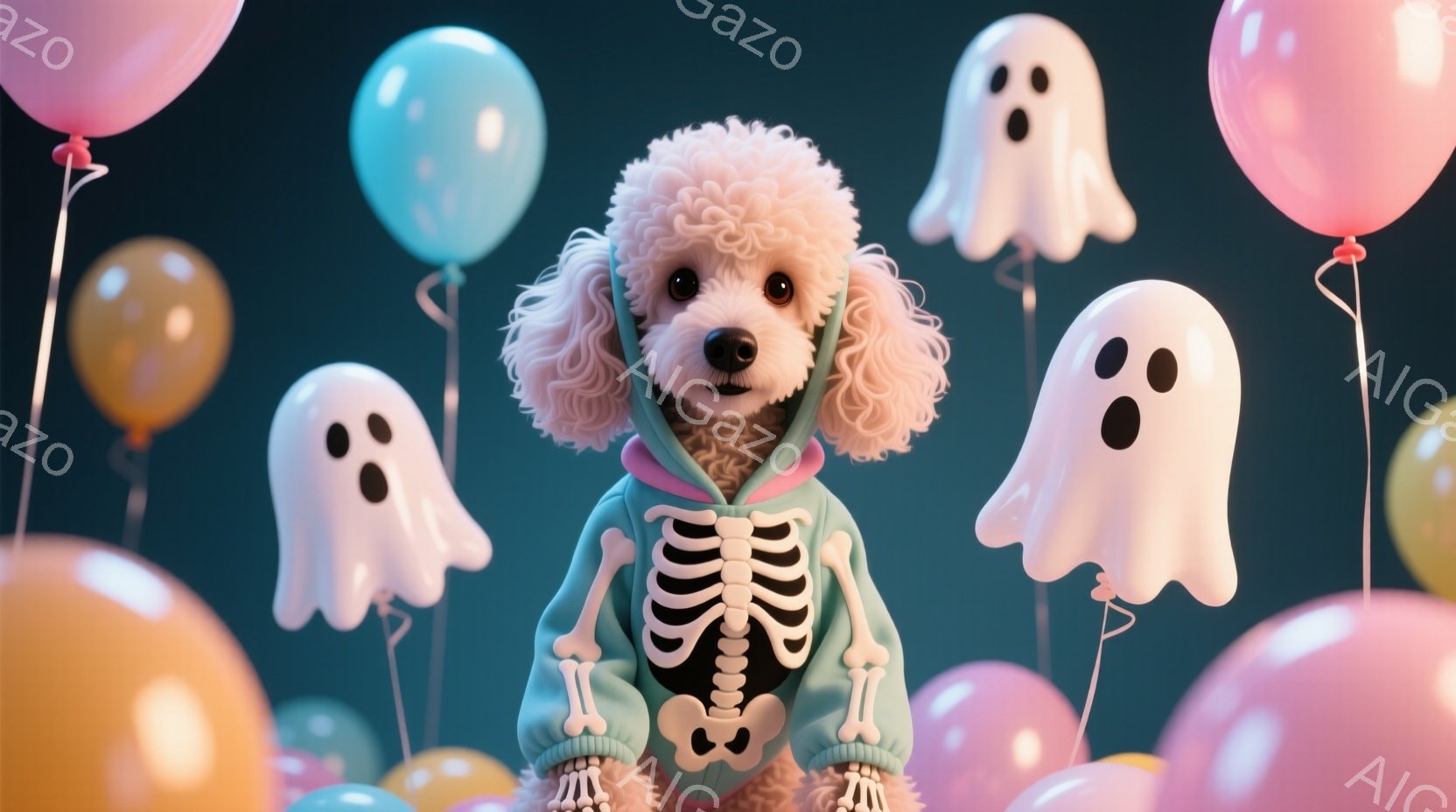 白い巻き毛の小型犬が、骨格柄のパーカーを着て正面を見つめています。背景には、様々な色の風船と、可愛らしいお化けのイラストが浮かんでいます。全体的に明るく、遊び心のある、お祭り気分を彷彿とさせる雰囲気です。