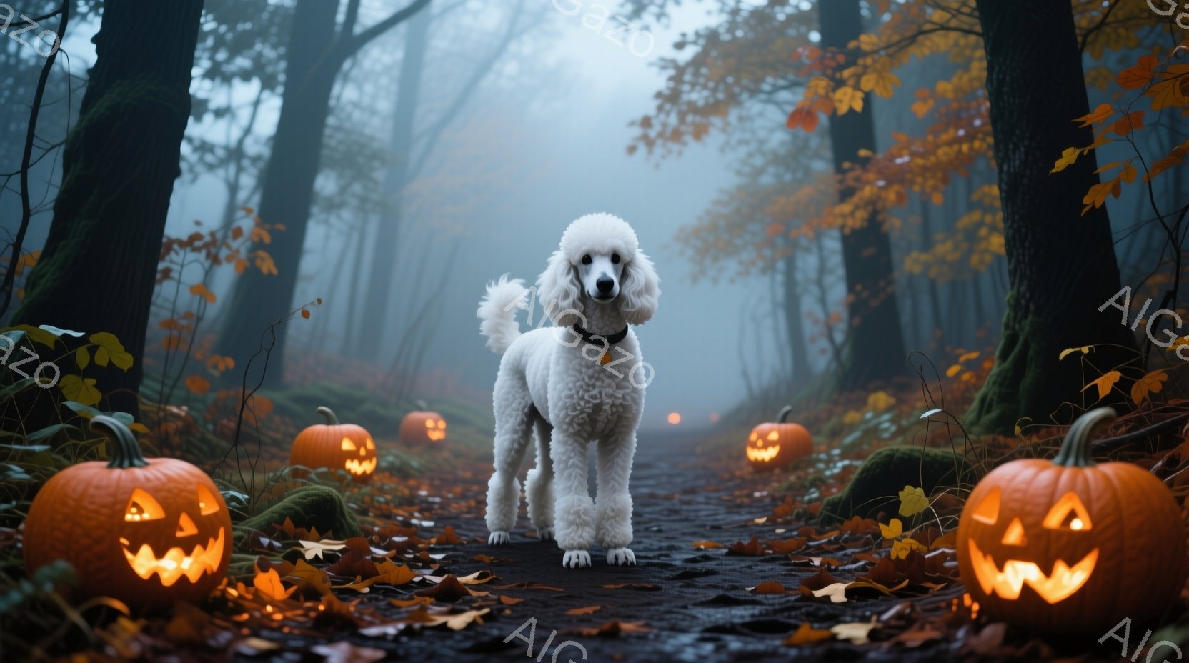 白い巻き毛のスタンダードプードルが、落ち葉が敷き詰められた森の小道の中央に立っている。周囲にはジャック・オ・ランタンが置かれ、背景には霧が立ち込めた木々が立ち並び、ハロウィンの雰囲気を醸し出している。 - AI生成フリー素材
