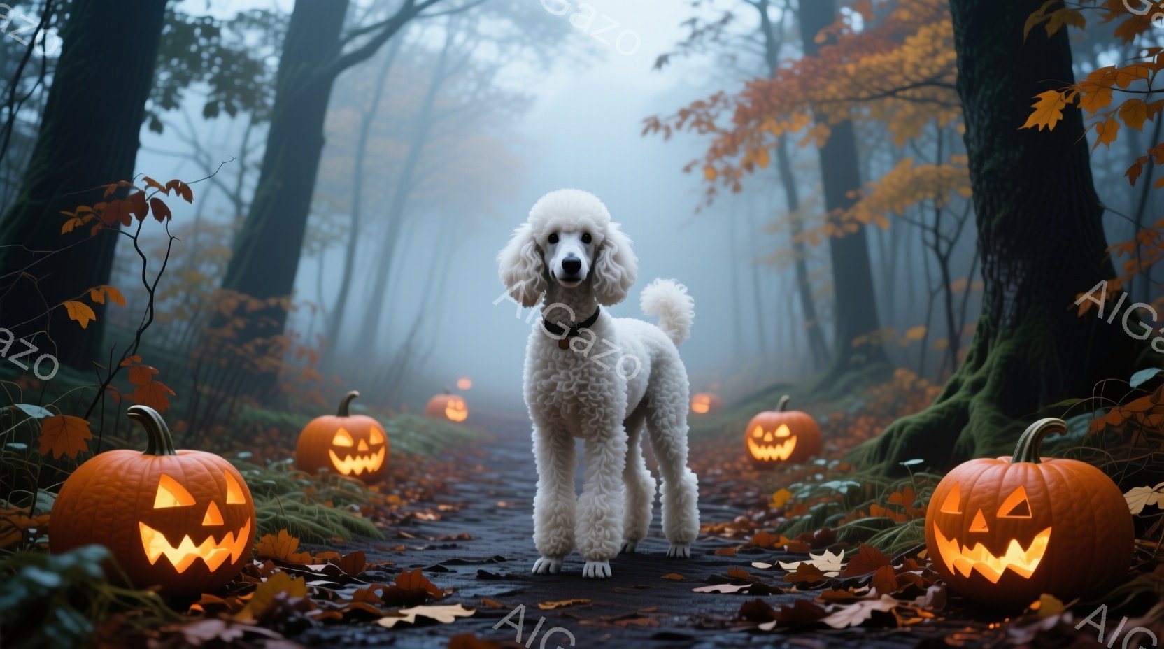 白いプードルが、カボチャランタンが並ぶ森の小道の中央に立っている。プードルは首輪をつけており、カールした毛並みが特徴的で、前方をまっすぐ見つめている。背景は霧に包まれ、落ち葉が散りばめられた小道と、カボチャの灯りが幻想的な雰囲気を醸し出している。