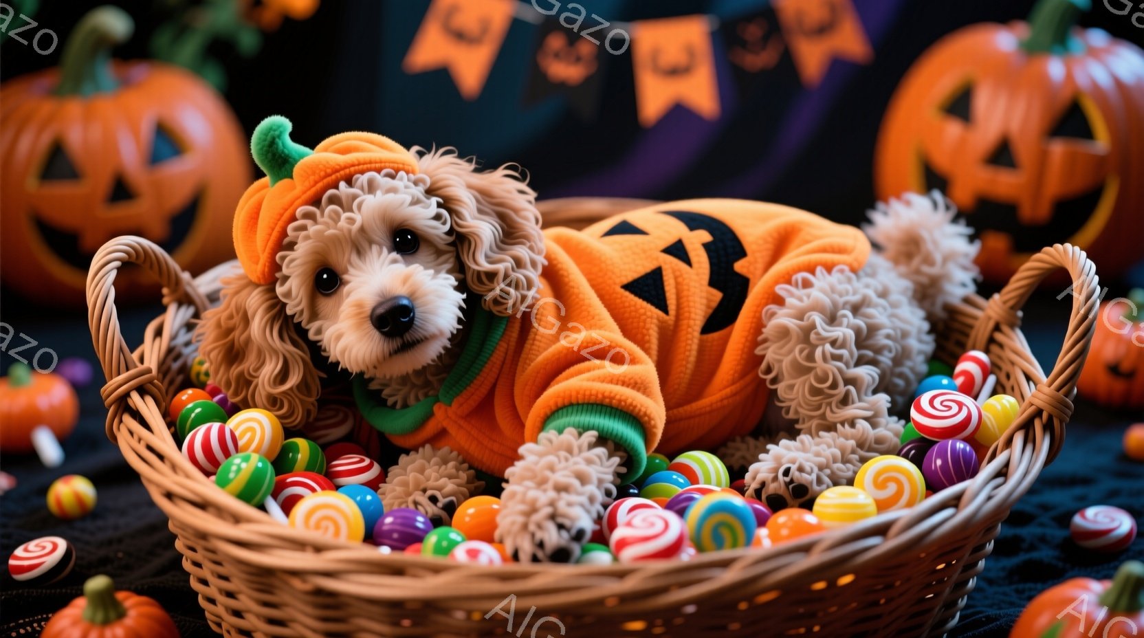 ふわふわのクリーム色の犬が、ハロウィーンの衣装であるカボチャの着ぐるみ姿で、籐のバスケットの中に丸まって座っています。バスケットの中にはカラフルなキャンディーが散りばめられており、背景にはジャック・オー・ランタンとハロウィーンの旗が飾られています。暖かく、お祝いの雰囲気で、ハロウィーンの楽しさを表現しています。