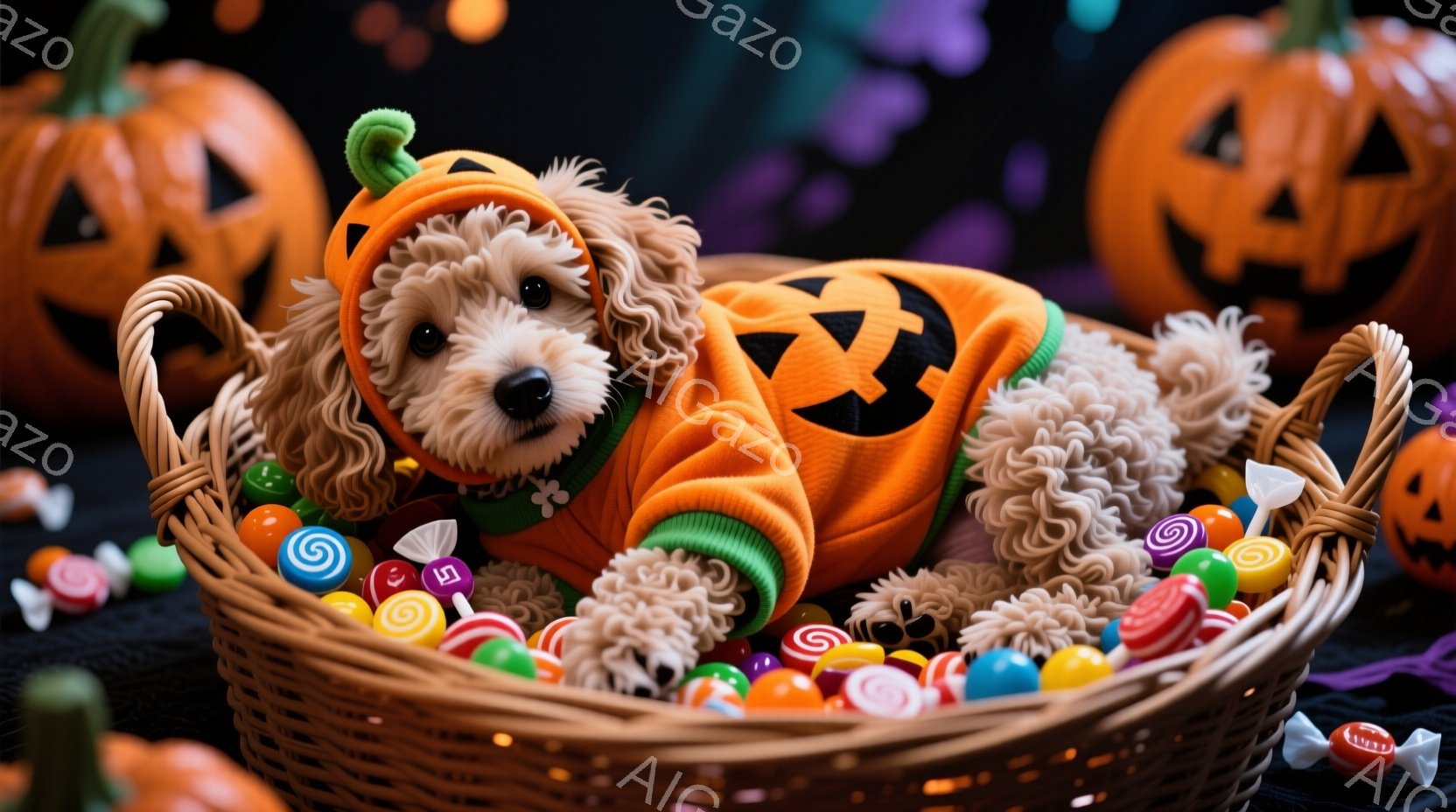 巻き毛のクリーム色の犬が、ハロウィンのカボチャの衣装を着て、柳の籠の中に丸まって座っています。 周りには色とりどりのキャンディが散らばっており、背景にはハロウィーンの装飾であるカボチャがぼんやりと見え - AI生成フリー素材