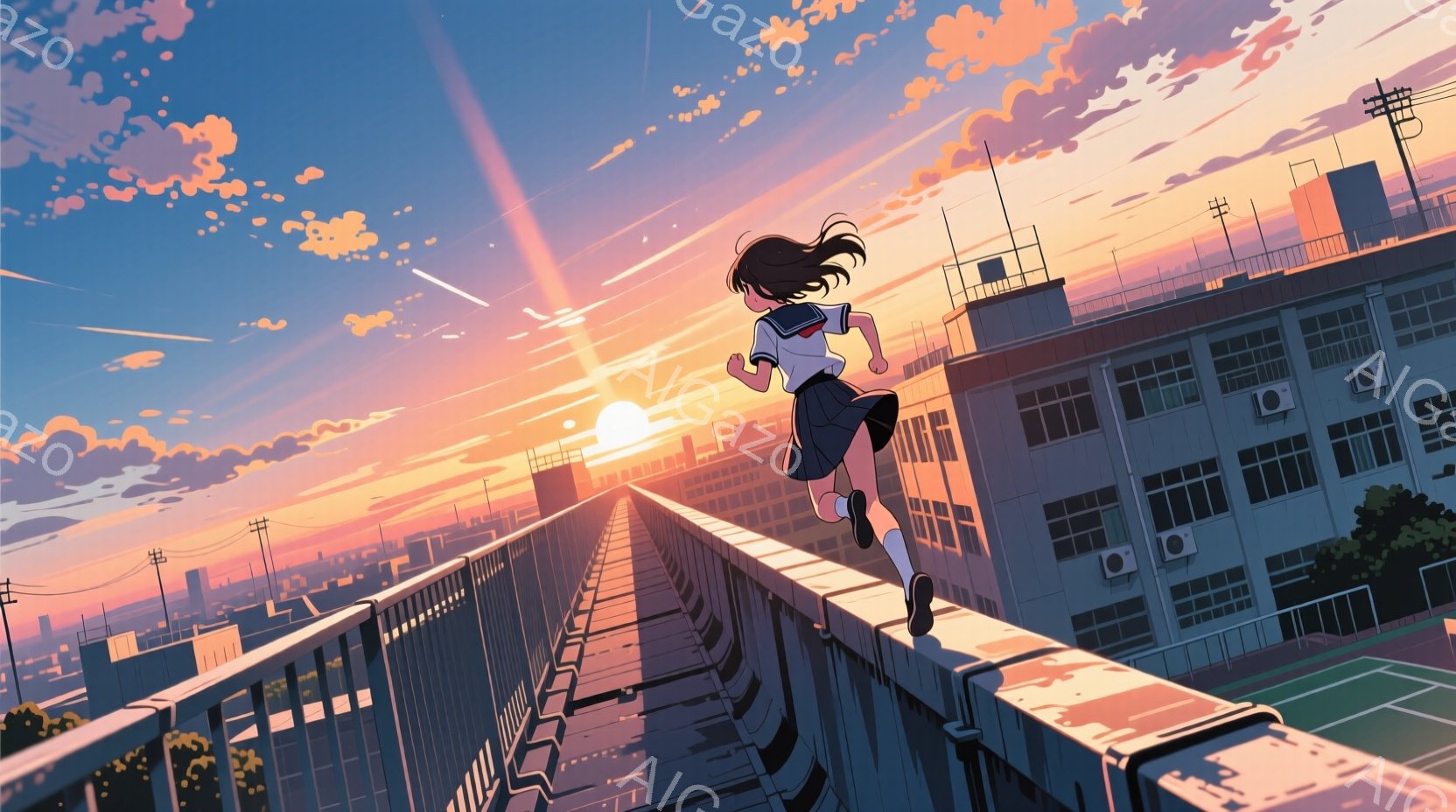 夕焼け空の下、女子高生が建物の屋上を走り抜けている。紺色のセーラー服と白いスカート、そして白い靴下とスニーカーを履き、長い黒髪が風になびいている。背景には夕焼けに照らされた都市の景色が広がり、オレンジとピンクの色合いが空を満たしている。