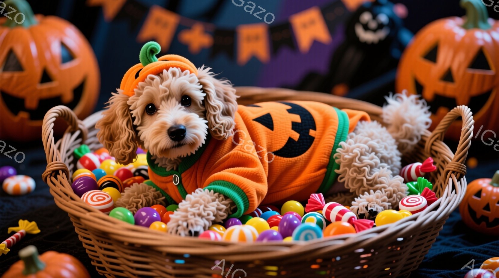 ふわふわのクリーム色の犬が、ハロウィンのカボチャの衣装を着て、柳の籠の中に座っています。カラフルなキャンディーで満たされた籠の中で、リラックスした表情でこちらを見ています。背景には、ハロウィーンの飾り付けやカボチャのランタンがあり、お祭りの楽しい雰囲気が漂っています。
