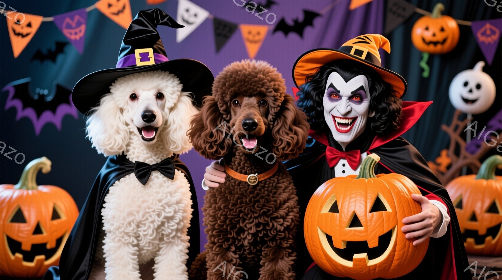 白いプードルと茶色のプードルがハロウィーンの衣装を着て、吸血鬼の衣装を着た人物の間に立っています。白い犬は魔女の帽子とリボンをつけ、茶色の犬は首輪をつけています。背景には、かぼちゃのランタンやコウモリ - AI生成フリー素材