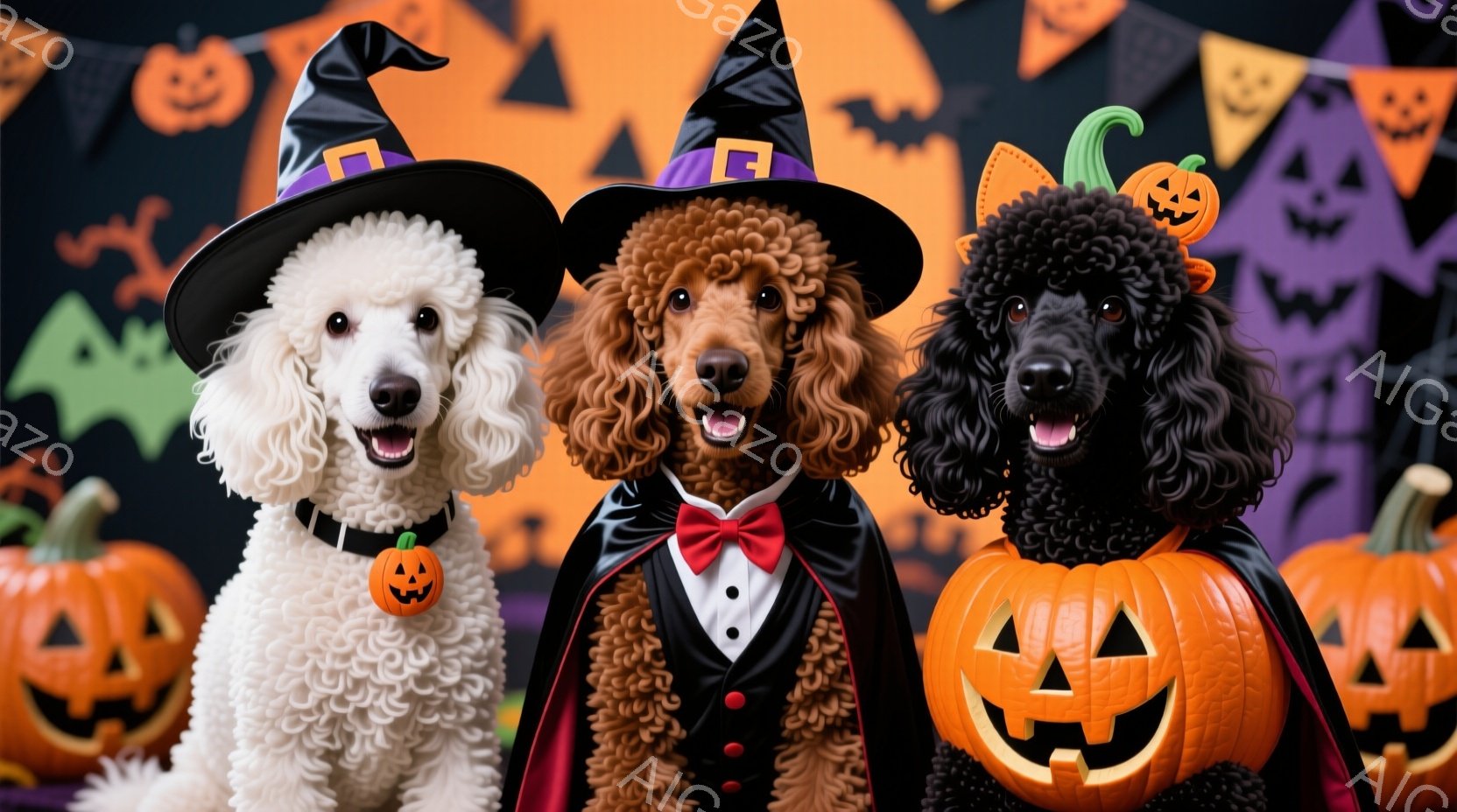 白、茶色、黒のプードルがハロウィーンの衣装を着て並んでいます。白い犬はカボチャのアクセサリーと魔女の帽子を、茶色の犬はタキシードと蝶ネクタイ、黒い犬はケープと魔女の帽子をそれぞれ身につけています。背景 - AI生成フリー素材