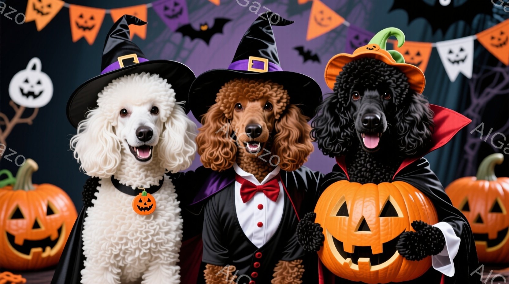 白、茶色、黒のプードルがそれぞれハロウィーンの衣装を着て、パンプキンに囲まれて並んでいます。白いプードルは魔女の帽子とカボチャのネックレスを身に着け、茶色のプードルはタキシードと蝶ネクタイ、そして黒い - AI生成フリー素材