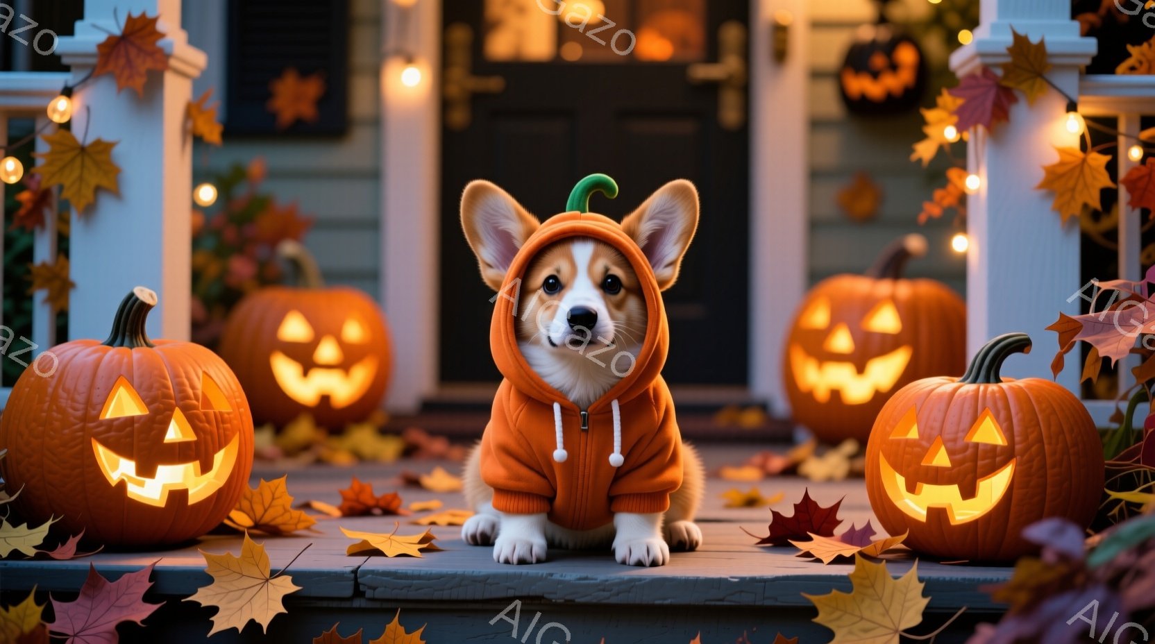 オレンジ色の短い毛並みのコーギー犬が、ハロウィーン風のオレンジ色のパーカーを着て、家の玄関の段差に座っています。背景には、ジャック・オー・ランタンが複数並び、落ち葉とオレンジ色の電飾が散りばめられ、秋 - AI生成フリー素材