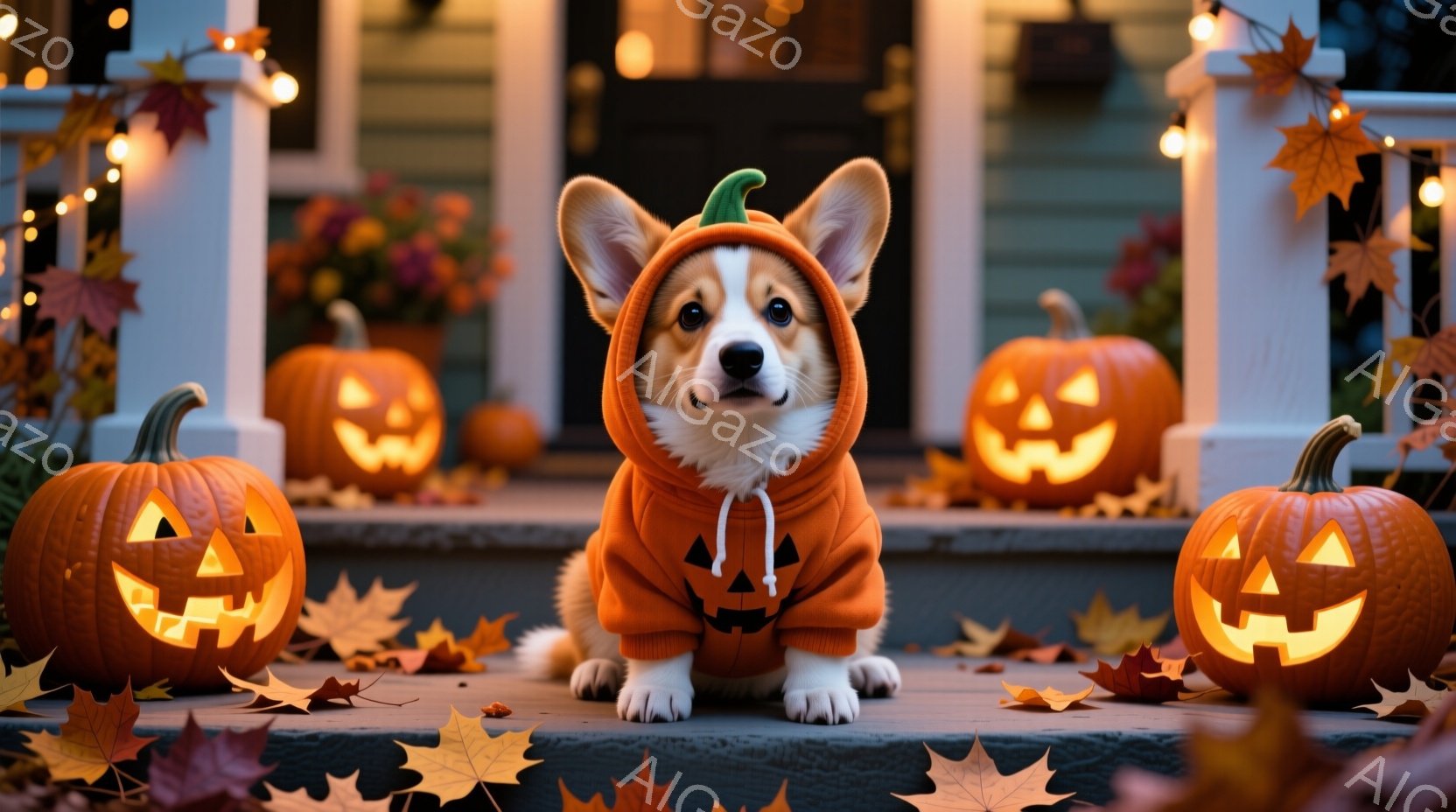 コルギの子犬がハロウィーンの衣装を着て、家の階段に座っています。衣装はカボチャの形をしており、頭にはカボチャの茎が付いた帽子があります。背景には、点灯したジャック・オー・ランタンがいくつか置かれ、落ち葉が散らばり、お祝いの雰囲気を醸し出しています。