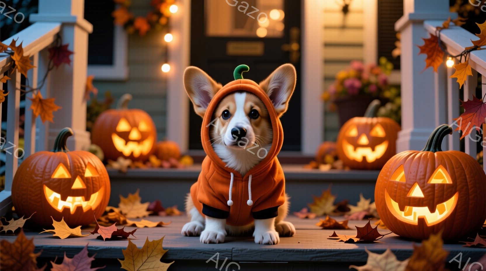 コーギーの子犬がハロウィーンの衣装を着て、家の玄関ポーチに座っています。オレンジ色のパーカーのような衣装を着ており、耳は上を向いており、前をまっすぐ見ています。背景には、ジャック・オー・ランタンがいくつか置いてあり、紅葉の葉が散らばっており、秋の温かく、お祝いの雰囲気が漂っています。