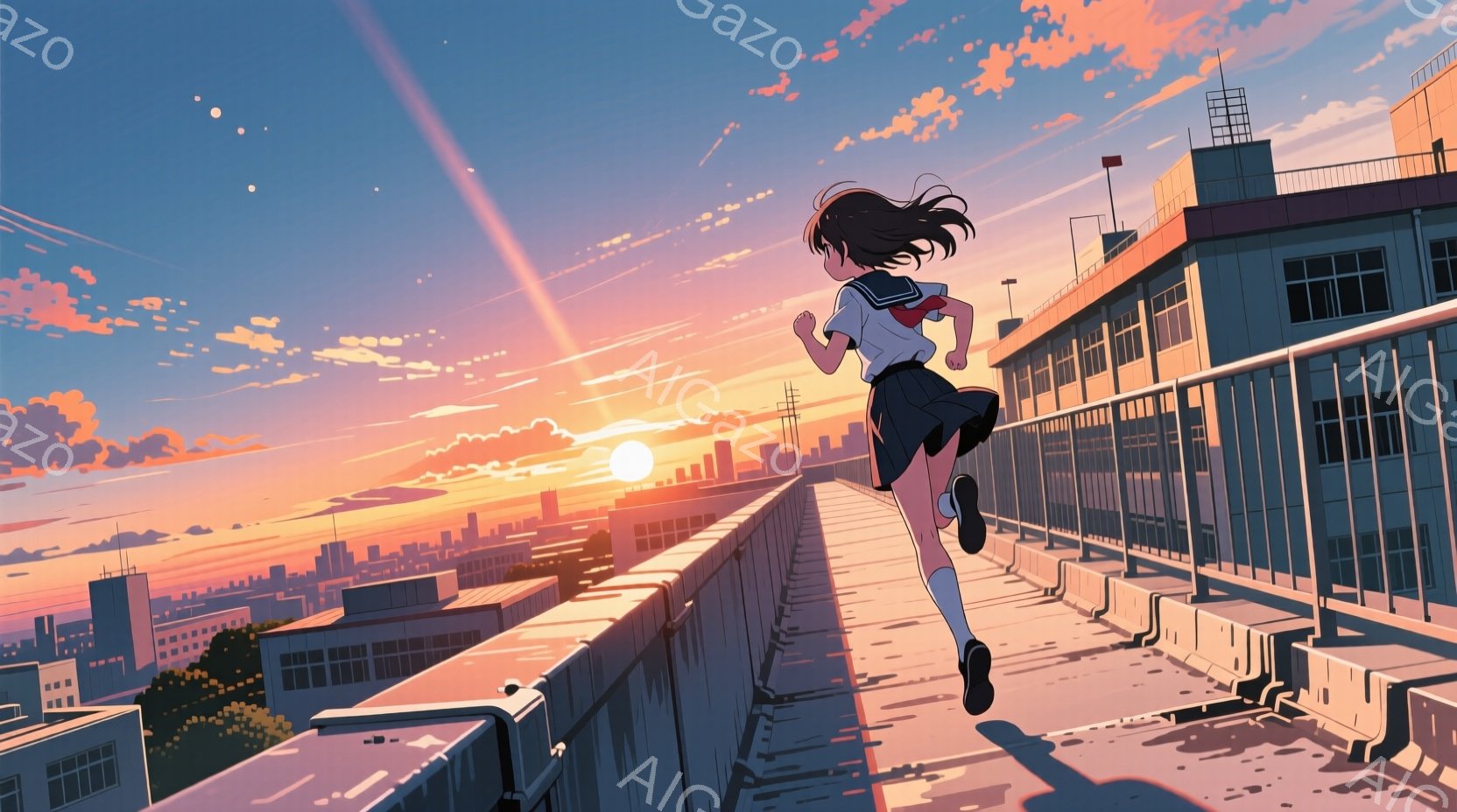 制服姿の少女が、建物の屋上を力強く走り出している。長い黒髪は風になびき、夕焼けに照らされた背景と少女のシルエットが印象的だ。背景には広大な都市が広がり、空はオレンジとピンクの色合いで染まり、希望に満ち - AI生成フリー素材