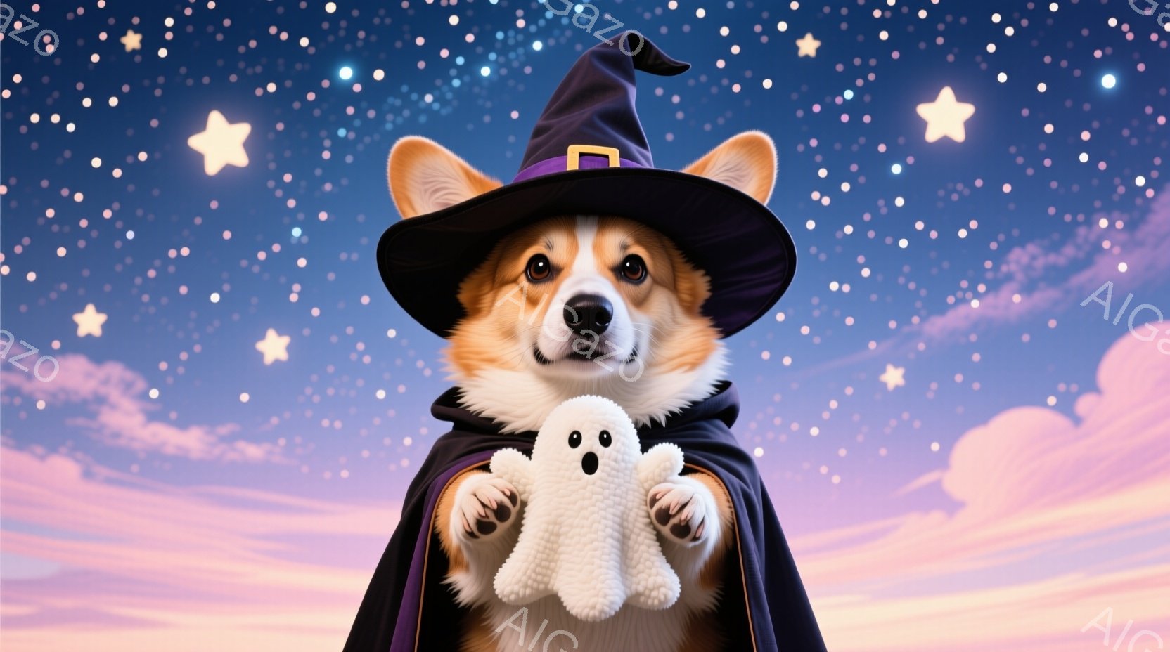 コルギーが魔法使いの帽子とマントを身に着け、白いお化けの人形を抱えています。その表情は明るく、少しいたずらっぽい様子で、正面を見つめています。背景は、パステルピンクと紫のグラデーションが広がる空と、キ - AI生成フリー素材