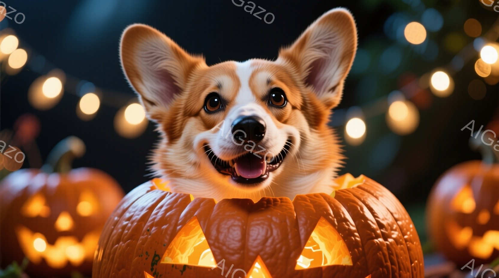 コルギー犬が、くり抜かれたジャック・オー・ランタンの中に頭を突っ込んで笑顔を見せています。背景にはぼやけたオレンジ色の他のカボチャと、暖色系の光のボケが散りばめられており、ハロウィンの楽しい雰囲気を醸し出しています。犬の表情と暖かな光が相まって、親しみやすく愛らしい印象を与えます。