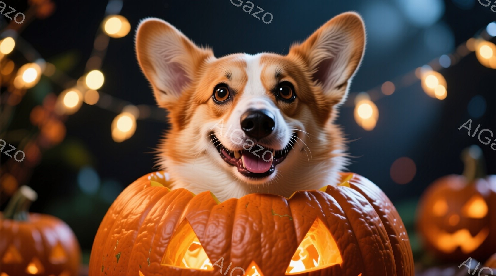 コーギー犬が、くり抜かれたハロウィーンのジャック・オー・ランタンの中に顔を覗かせています。犬は口を開けて笑顔を見せ、とても楽しそうな表情をしています。背景には他のジャック・オー・ランタンと、暖色系のイ - AI生成フリー素材