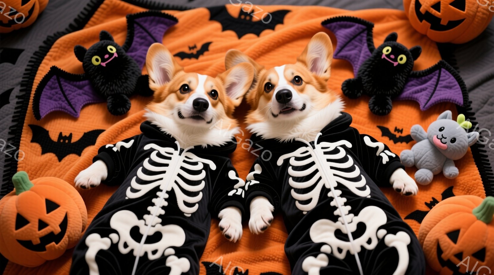 オレンジ色の背景に、ガイコツ模様の衣装を着た二匹のコーギー犬が並んで横たわっています。犬たちはリラックスした表情で、ハロウィーンのぬいぐるみのコウモリとカボチャに囲まれています。全体的に、ハロウィーン - AI生成フリー素材
