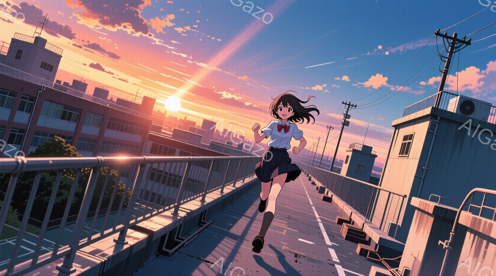 見上げるような高架の上を、紺色の短いスカートと白いシャツ、赤いリボンを付けた少女が走り去っている。彼女は黒髪で、風になびきながら前向きな表情をしている。背景には、夕焼けに染まる街並みと建物が広がり、暖かく希望に満ちた雰囲気を醸し出している。
