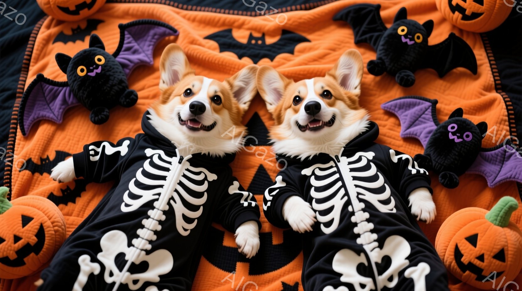 二匹のコーギー犬が、ハロウィーンをテーマにしたオレンジ色の背景に、骸骨柄の衣装を着て並んでいます。犬たちは笑顔でカメラを見つめ、リラックスした姿勢で四肢を広げています。背景には、カボチャのぬいぐるみや - AI生成フリー素材