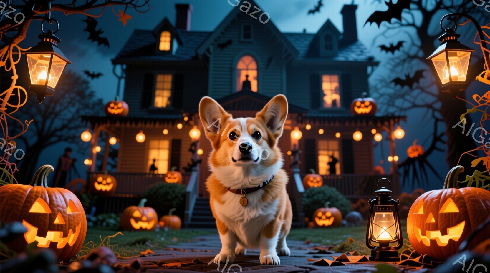 ハロウィーンの夜を思わせる、装飾された家とコーギー犬が写っています。家はオレンジ色の光で照らされ、カボチャのランタンや装飾が施され、不気味ながらも温かい雰囲気を醸し出しています。コーギー犬は正面を向き - AI生成フリー素材