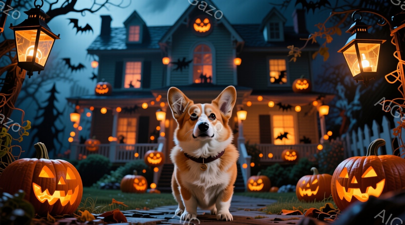 ハロウィーンの夜、コーギー犬が庭の小道に立っている。背景には、カボチャのランタンで飾られた二階建ての家があり、不気味で暖かい光を放っている。木々にはコウモリが舞い、地面には落ち葉が散らばり、全体的にハ - AI生成フリー素材