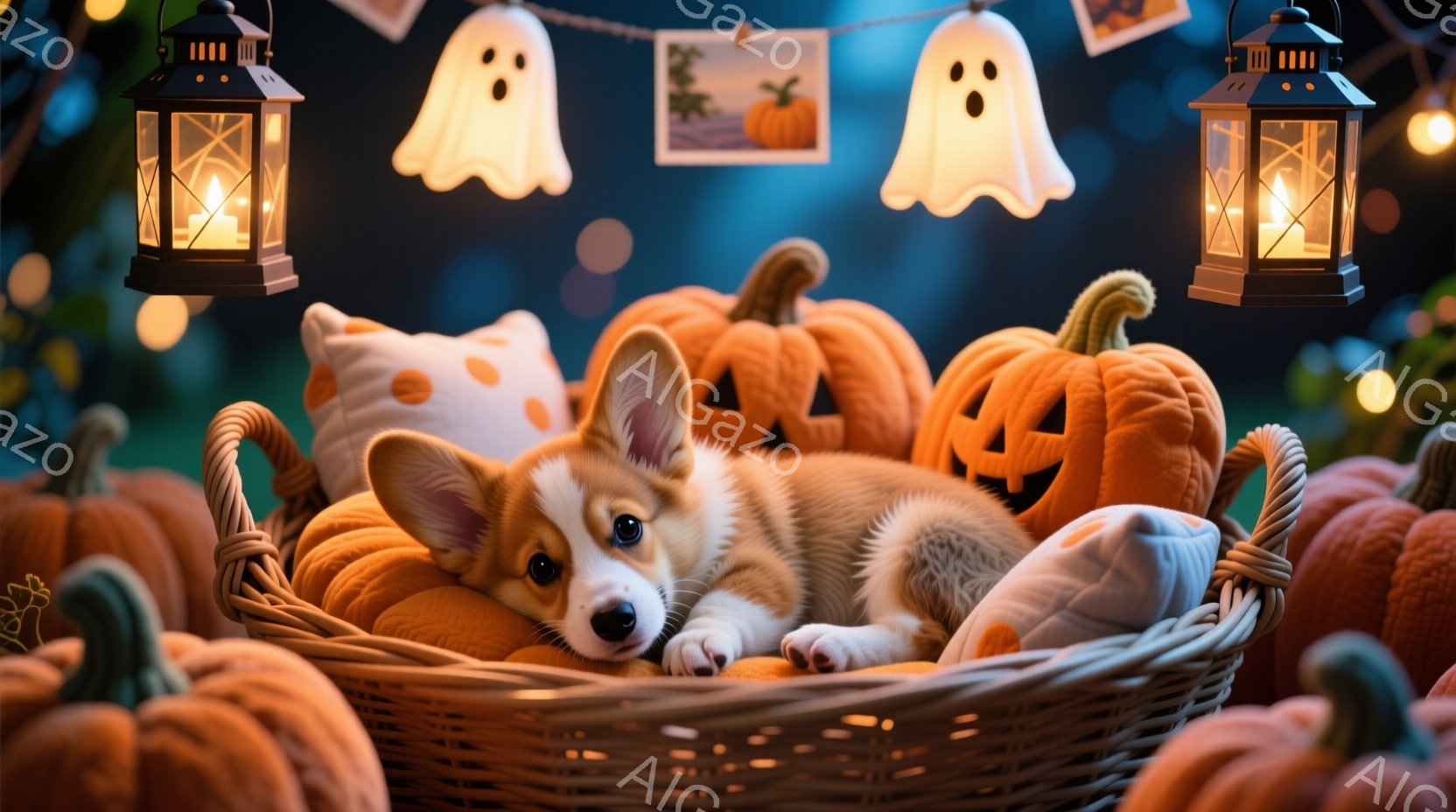 チーズカンガルーの可愛らしさを感じさせるものです。白いチーズカンガルーが穏やかに眠りつつ、素敵な季節の装飾の中に入っています。背景はハロウィン風の夜空で、ライトとパンプキンが点在しており、氛もホッとするような雰囲気があります。「季節の楽しみ」を表現する素晴らしいスナップショットです。