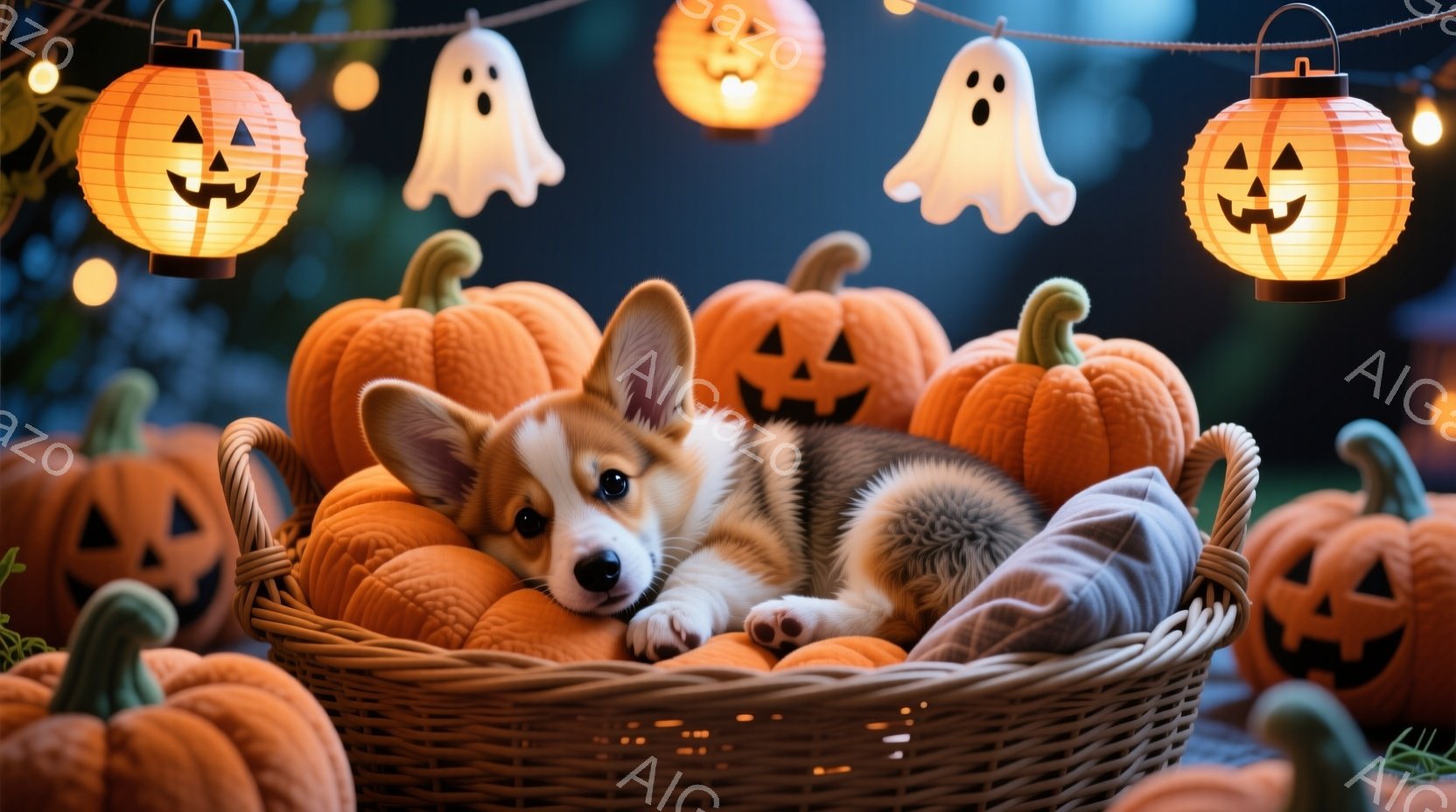 カゴの中にコルギの子犬が丸まって眠っています。周りにはジャック・オー・ランタンや幽霊の飾り付けがされ、ハロウィーンの雰囲気です。背景は暗く、ハロウィーンの装飾が光って、暖かく、お祝いのムードを醸し出しています。