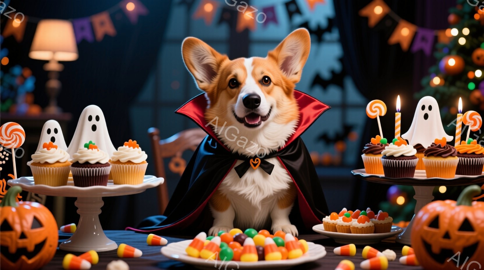 コルギ犬がハロウィーンの吸血鬼の衣装を着て、テーブルの前に座っています。テーブルの上には、カボチャのランタン、カップケーキ、キャンディーが飾られており、背景にはハロウィーンの装飾が施されています。全体的に、お祝いの雰囲気で、愛らしい犬がハロウィーンを楽しんでいる様子が伝わってきます。