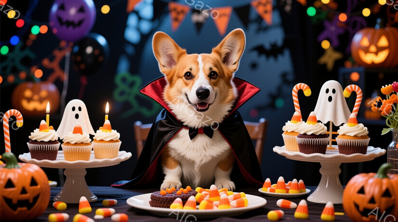 コルギ犬がハロウィーンの衣装である黒いマントと蝶ネクタイを身につけ、カメラに向かって座っています。テーブルの上には、カップケーキ、キャンディコーン、チョコレートが並べられ、背景にはハロウィーンの装飾（カボチャ、お化け、風船）が散りばめられています。全体的に、お祝いムードで、かわいらしいハロウィーンの雰囲気です。