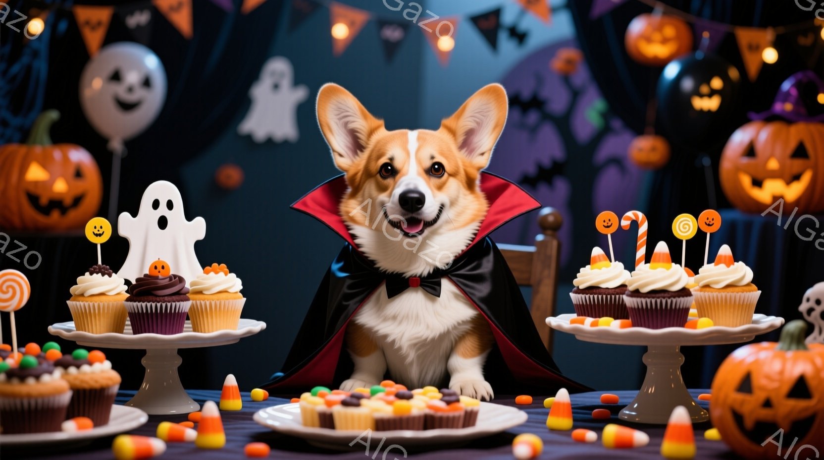 コルギ犬がハロウィーンの衣装を着て、テーブルの前に座っています。黒いマントと蝶ネクタイを身につけ、嬉しそうな表情で正面を見ています。背景には、カボチャのランタン、お菓子、カップケーキ、そしてハロウィーンの飾り付けが散りばめられており、お祝いムード満点です。