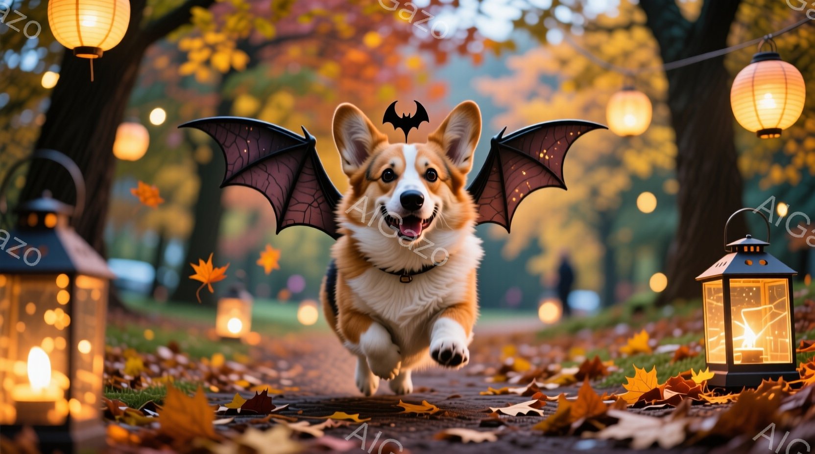 コルギ犬が、まるでハロウィンのコスチュームのように翼を付けて、落ち葉が散らばる道を駆けている。背景には、温かい光を放つ提灯が並び、秋の夕暮れ時の穏やかでファンタジックな雰囲気が漂っている。犬は笑顔で、 - AI生成フリー素材