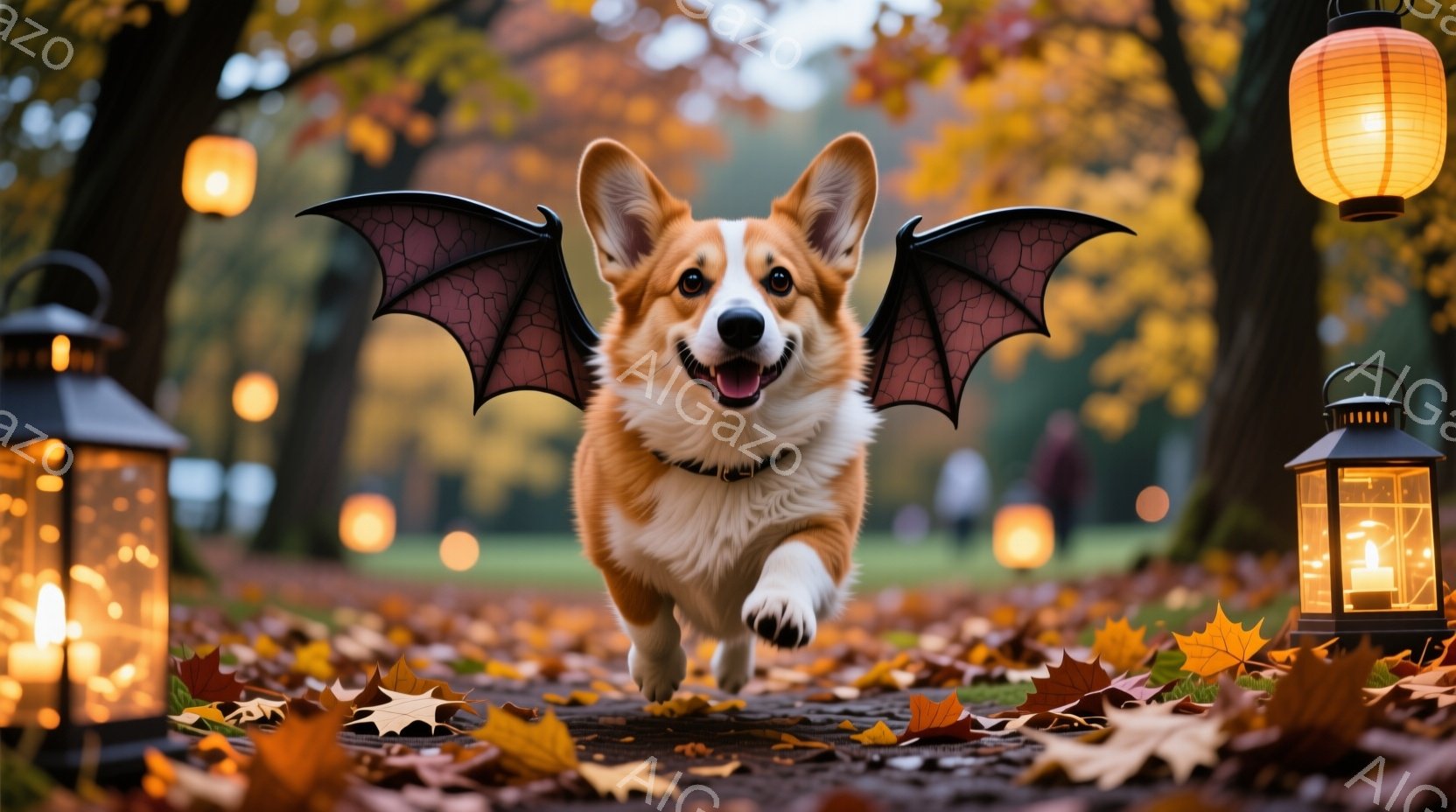 コーギーが、まるで空を飛んでいるかのように、落ち葉が敷き詰められた道を走っています。黒いコウモリの羽をつけており、口を開けて嬉しそうに微笑んでいます。背景には、ぼやけた木々や、温かい光を放つランタンが - AI生成フリー素材